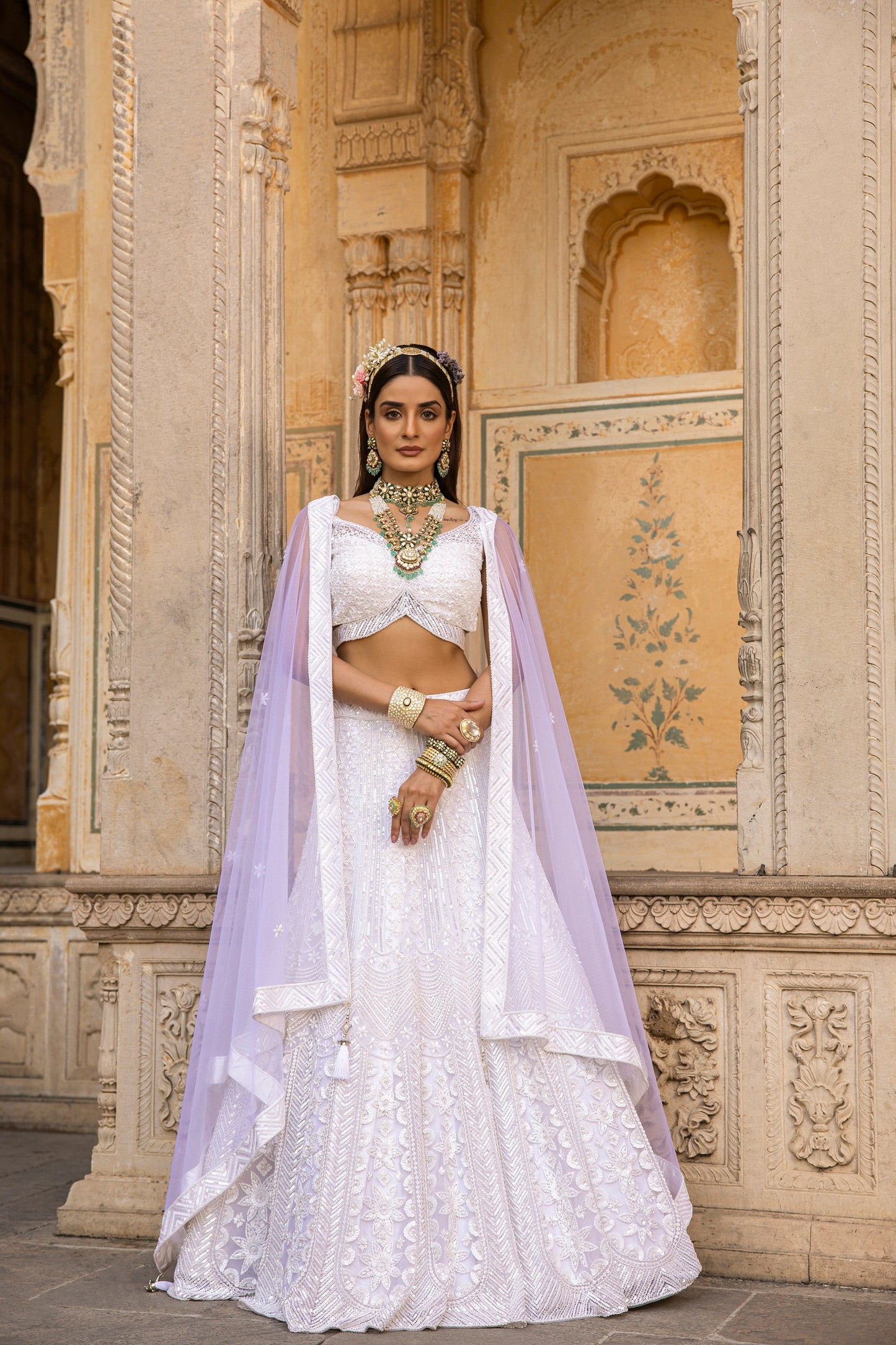 Cotton White Heavily Embellished Lehengha Set