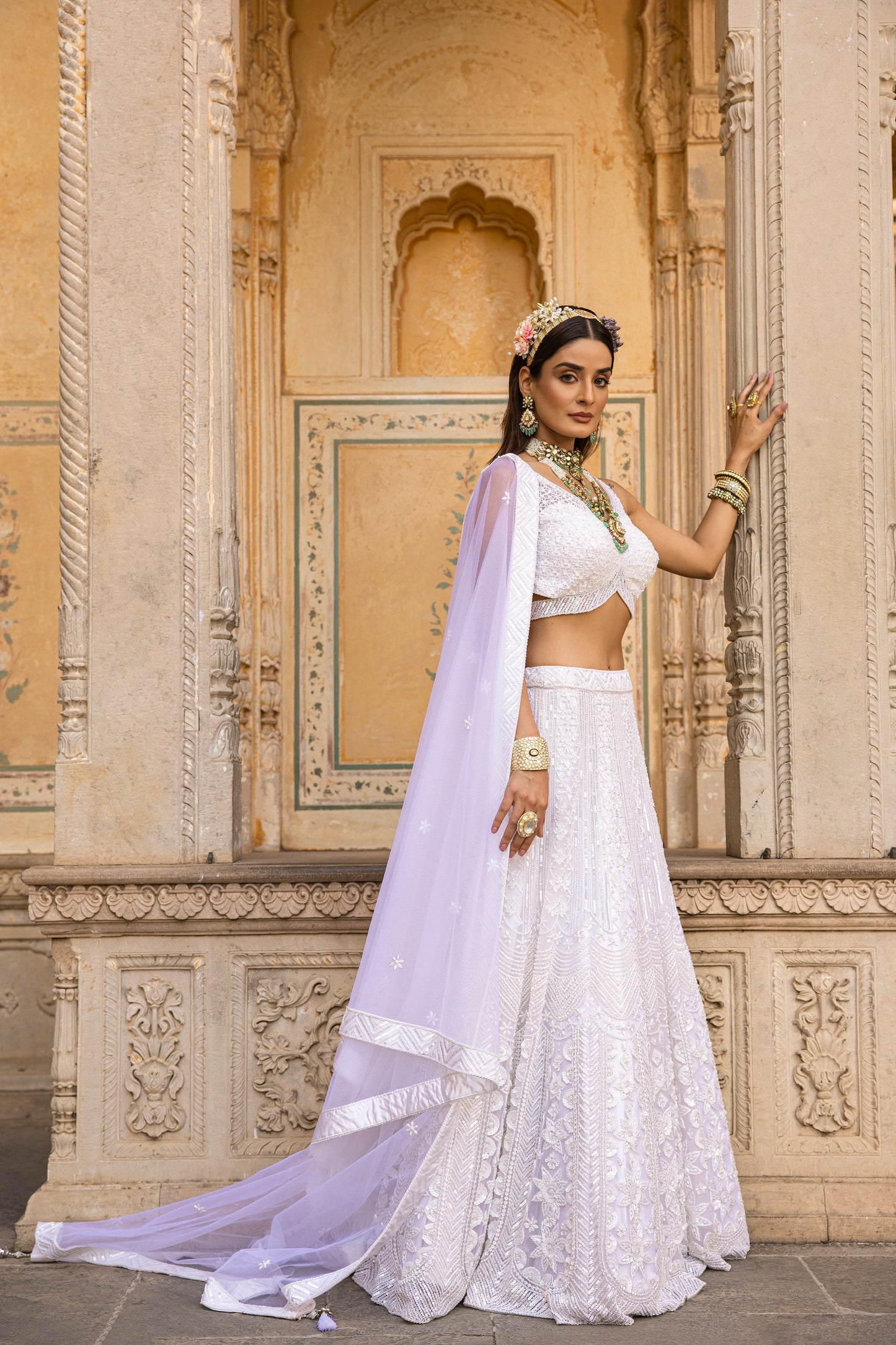 Cotton White Heavily Embellished Lehengha Set