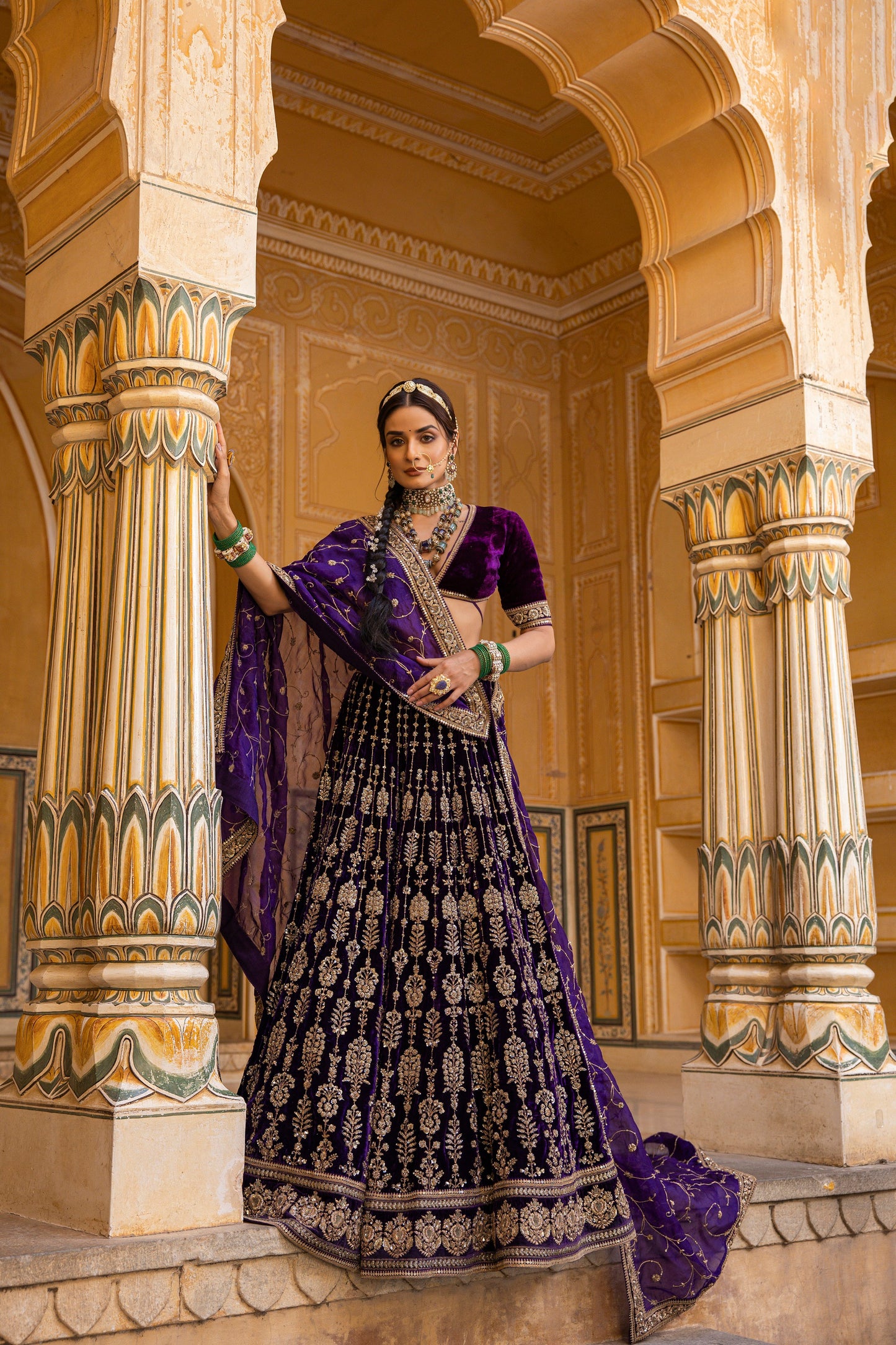 Dark Purple Velvet Lehenga Set With Zari Handwork