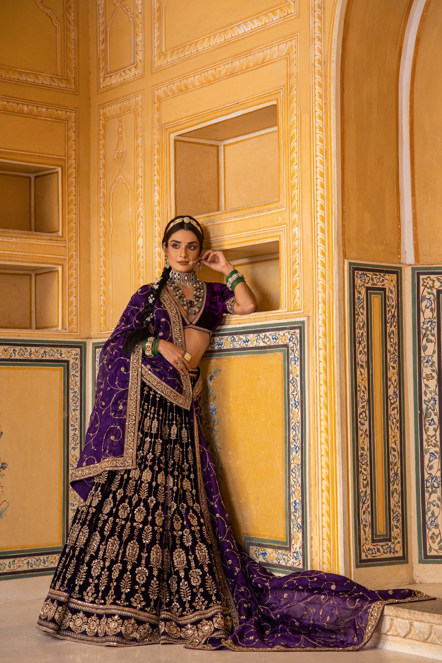 Dark Purple Velvet Lehenga Set With Zari Handwork