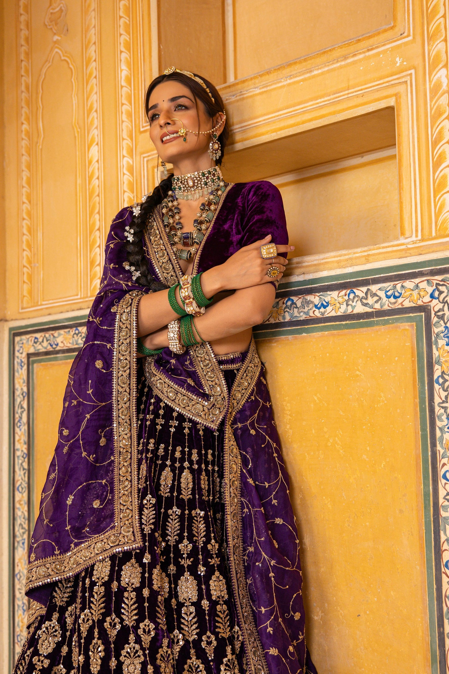 Dark Purple Velvet Lehenga Set With Zari Handwork