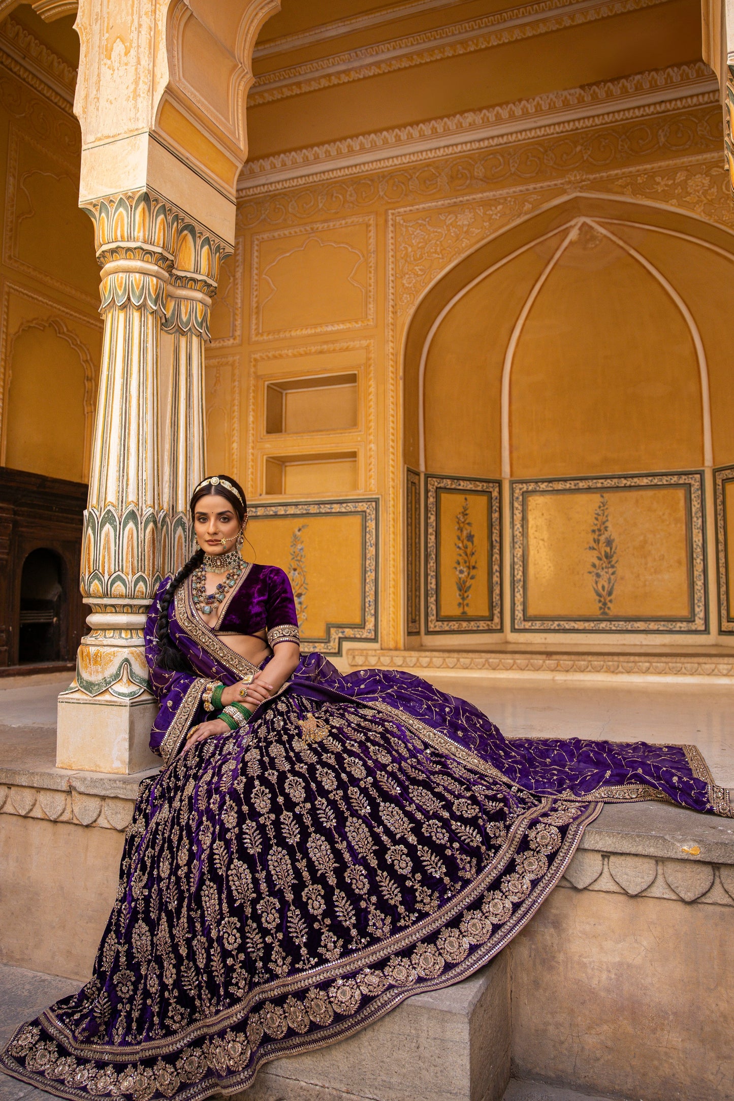 Dark Purple Velvet Lehenga Set With Zari Handwork