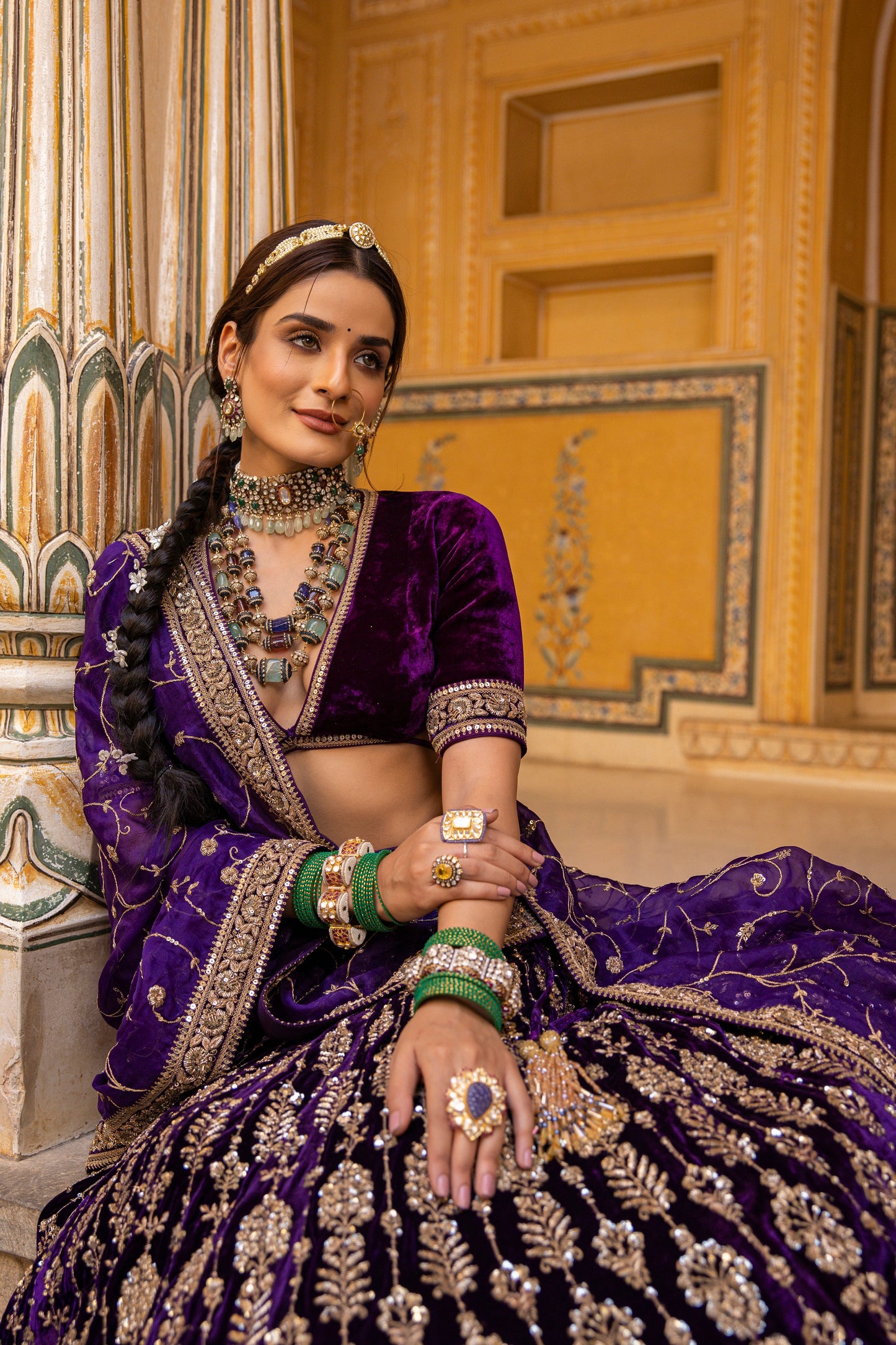 Dark Purple Velvet Lehenga Set With Zari Handwork