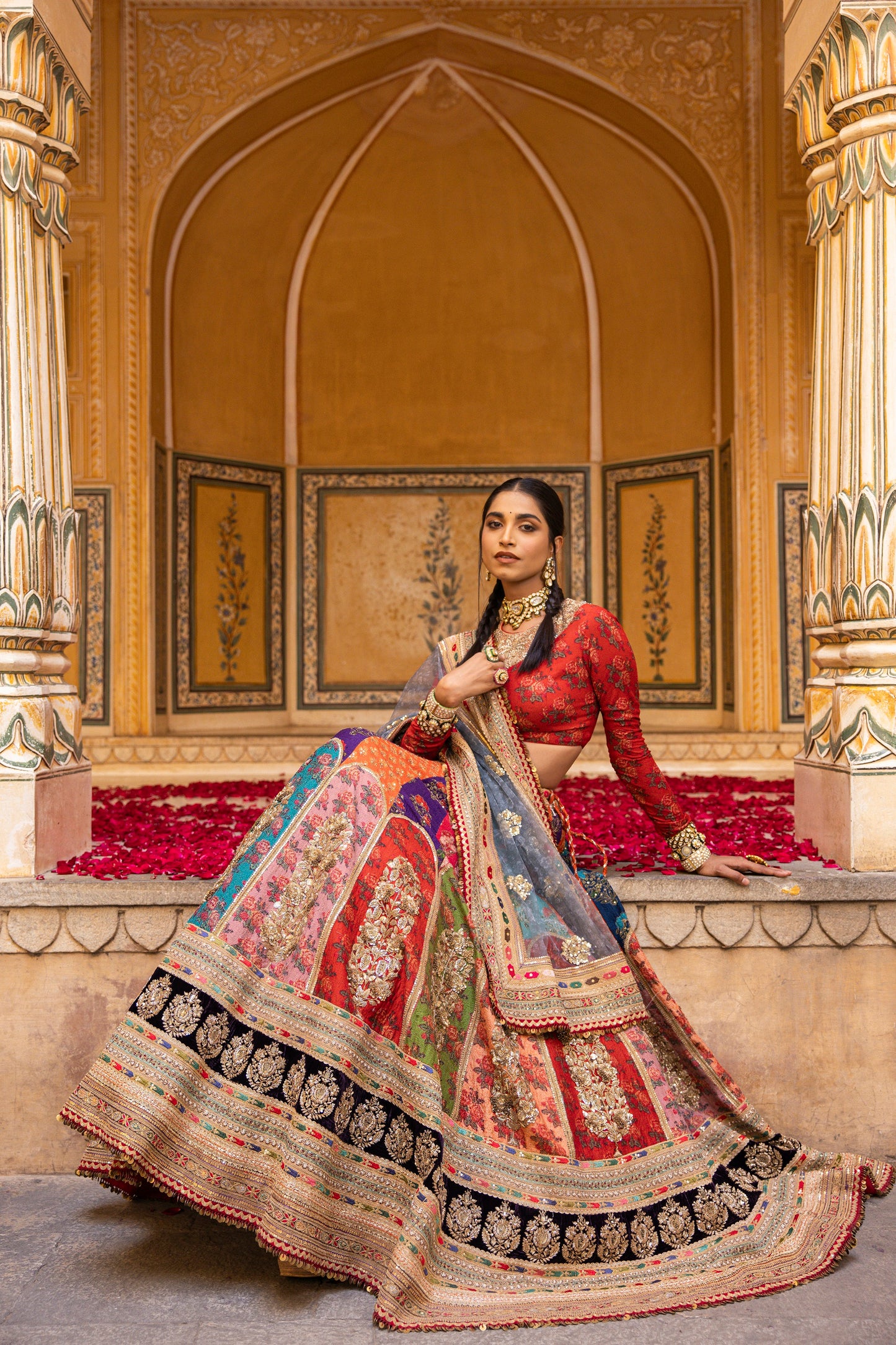 Multi Colour Raw Silk Lehenga Set With Print And Embellishment
