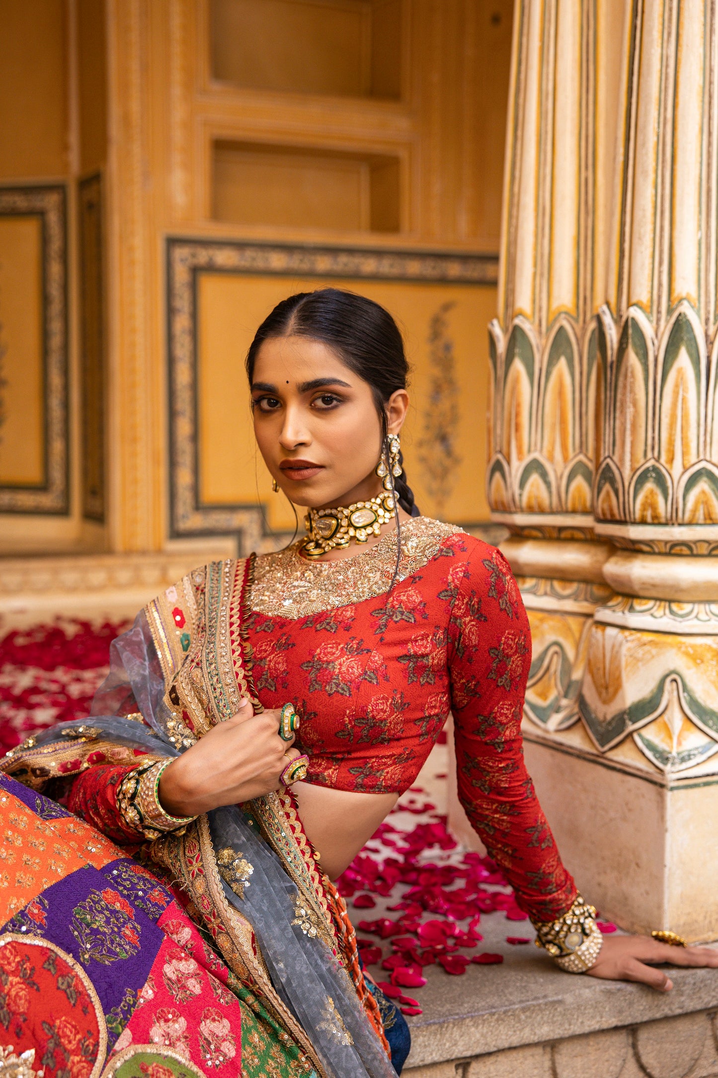 Multi Colour Raw Silk Lehenga Set With Print And Embellishment