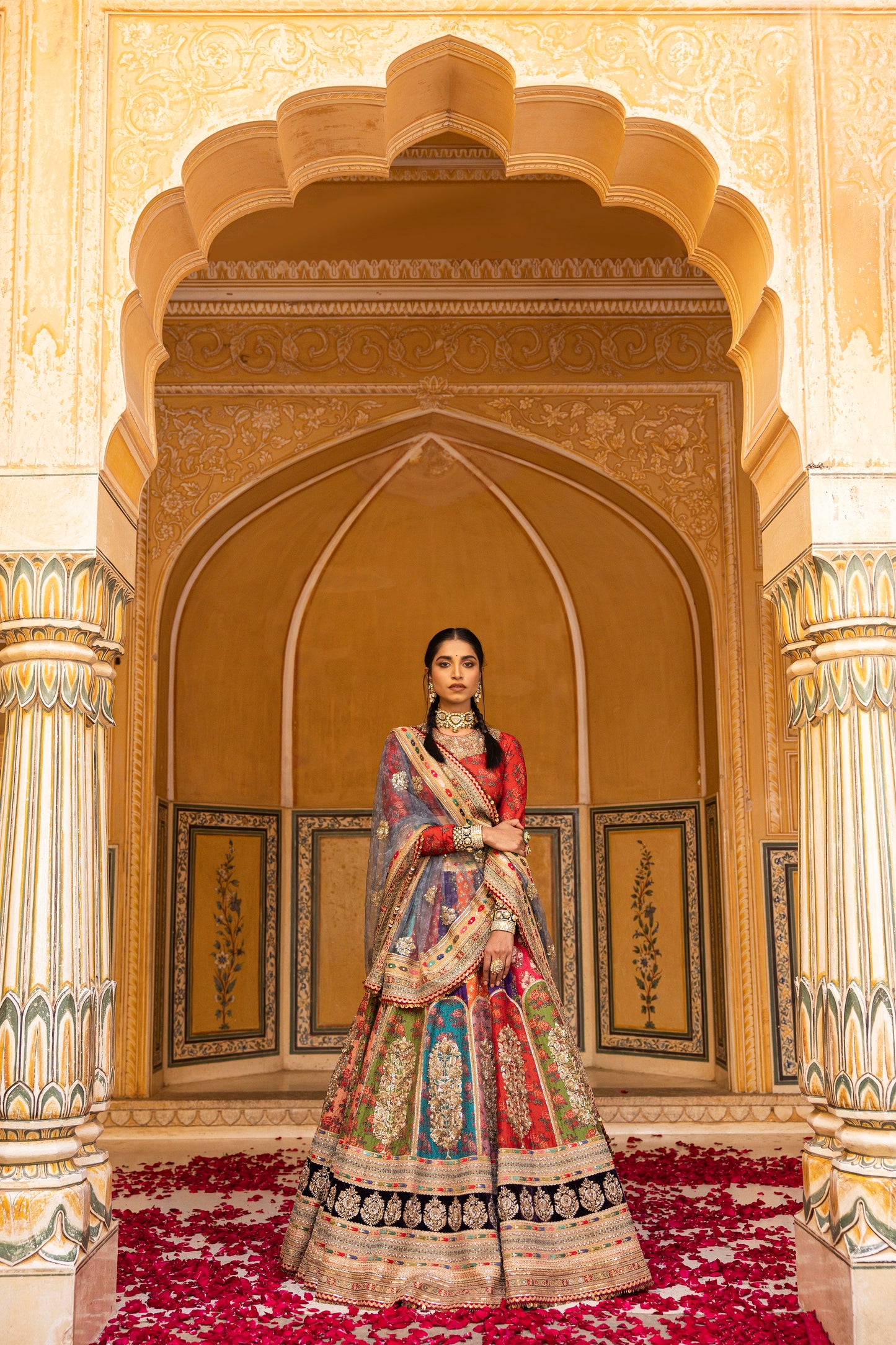 Multi Colour Raw Silk Lehenga Set With Print And Embellishment