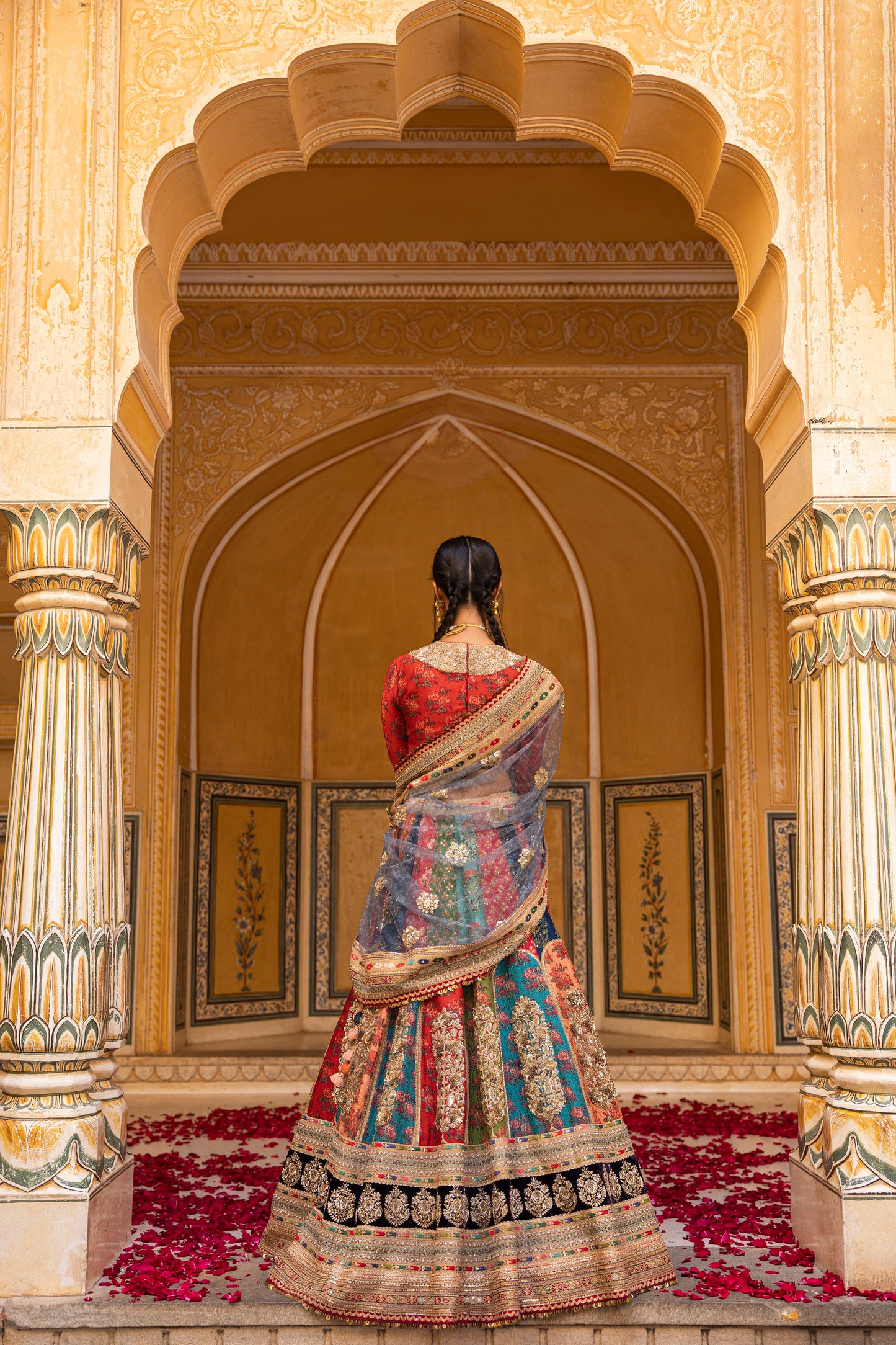 Multi Colour Raw Silk Lehenga Set With Print And Embellishment