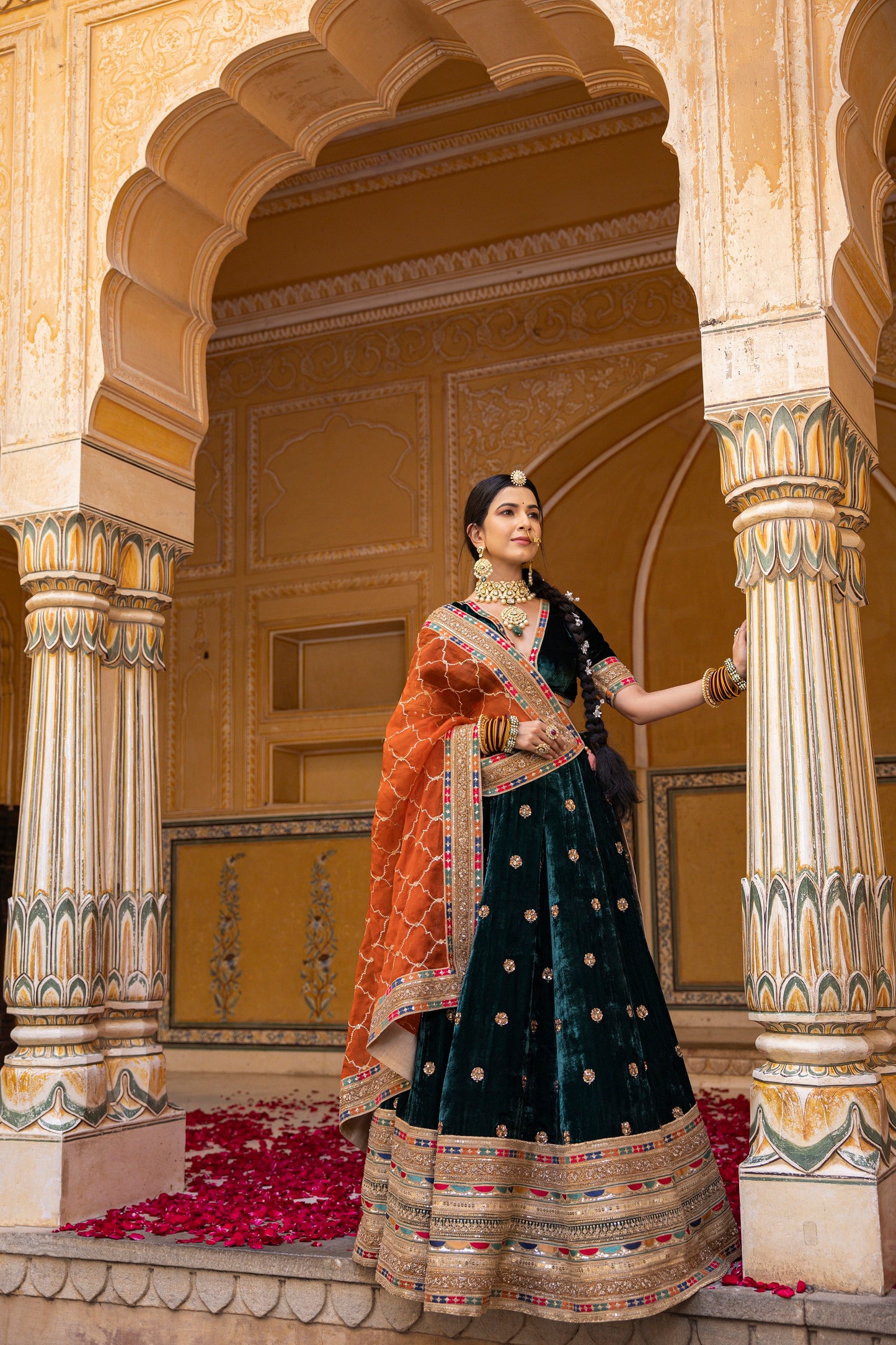Pine Green And Carrot Orange Velvet Lehenga Set