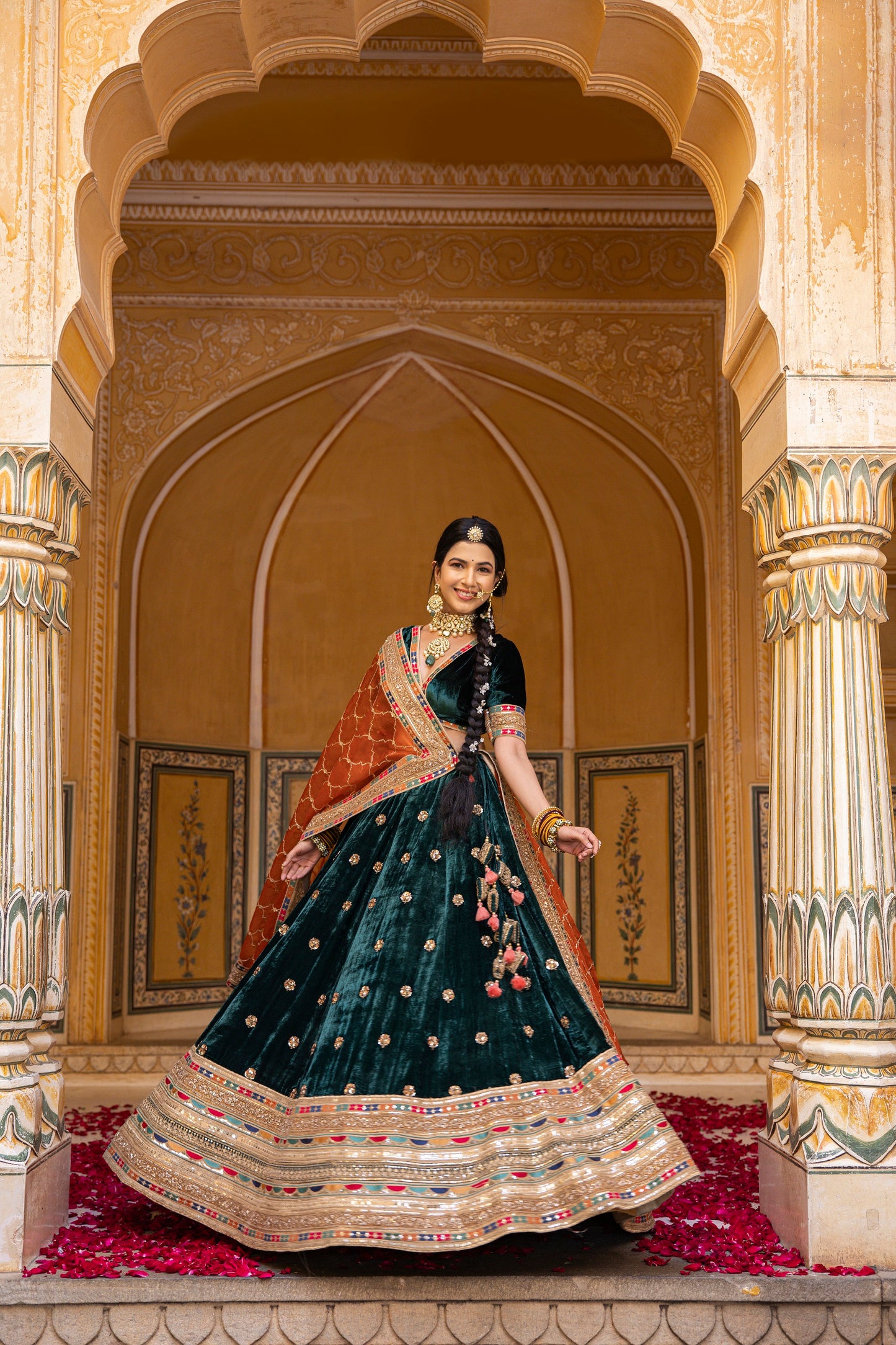 Pine Green And Carrot Orange Velvet Lehenga Set