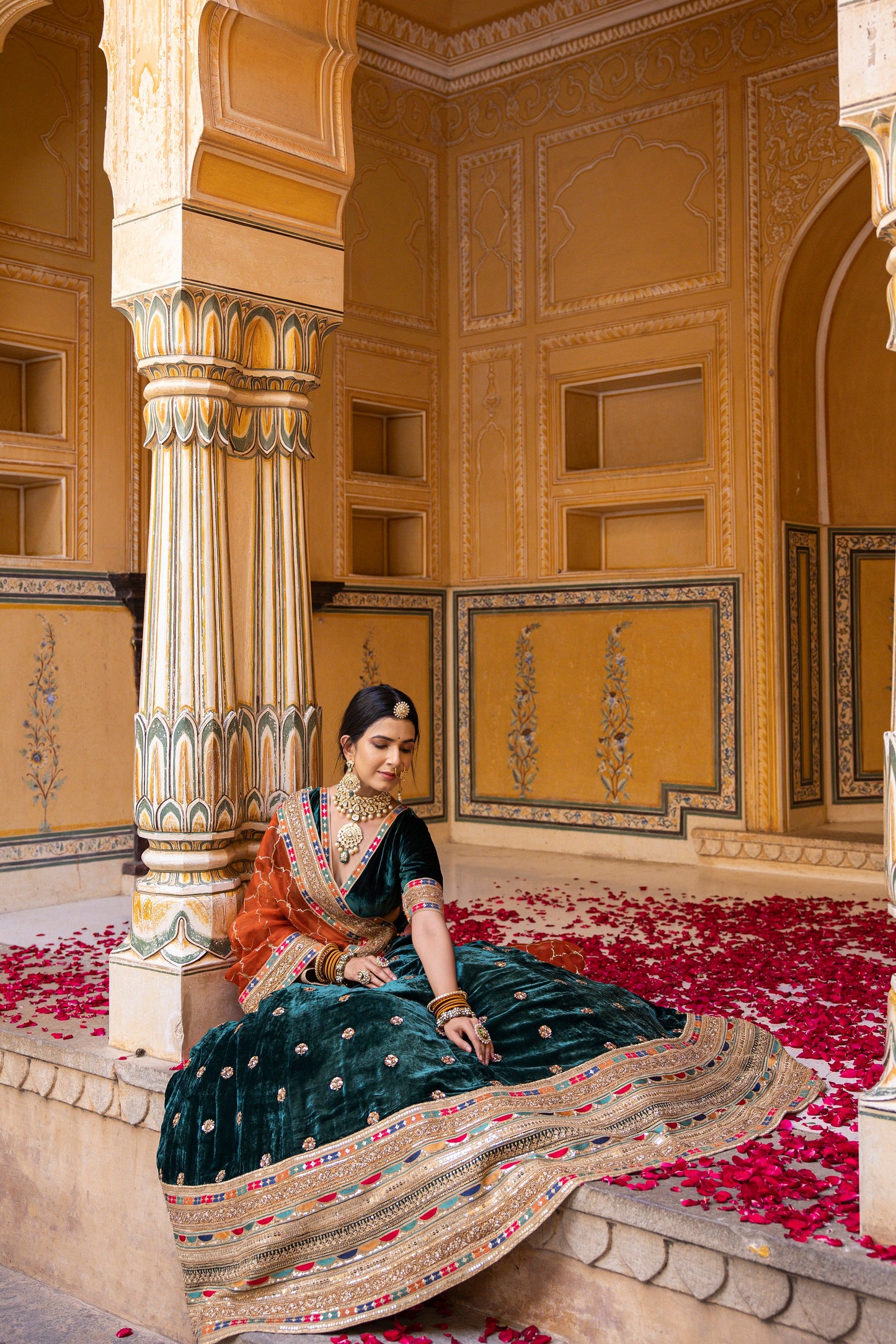 Pine Green And Carrot Orange Velvet Lehenga Set