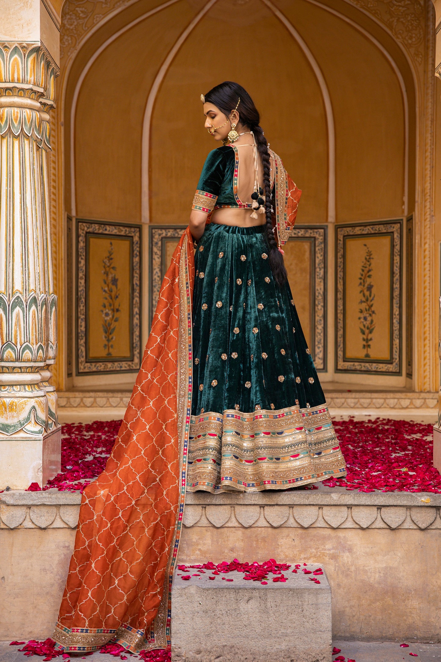 Pine Green And Carrot Orange Velvet Lehenga Set