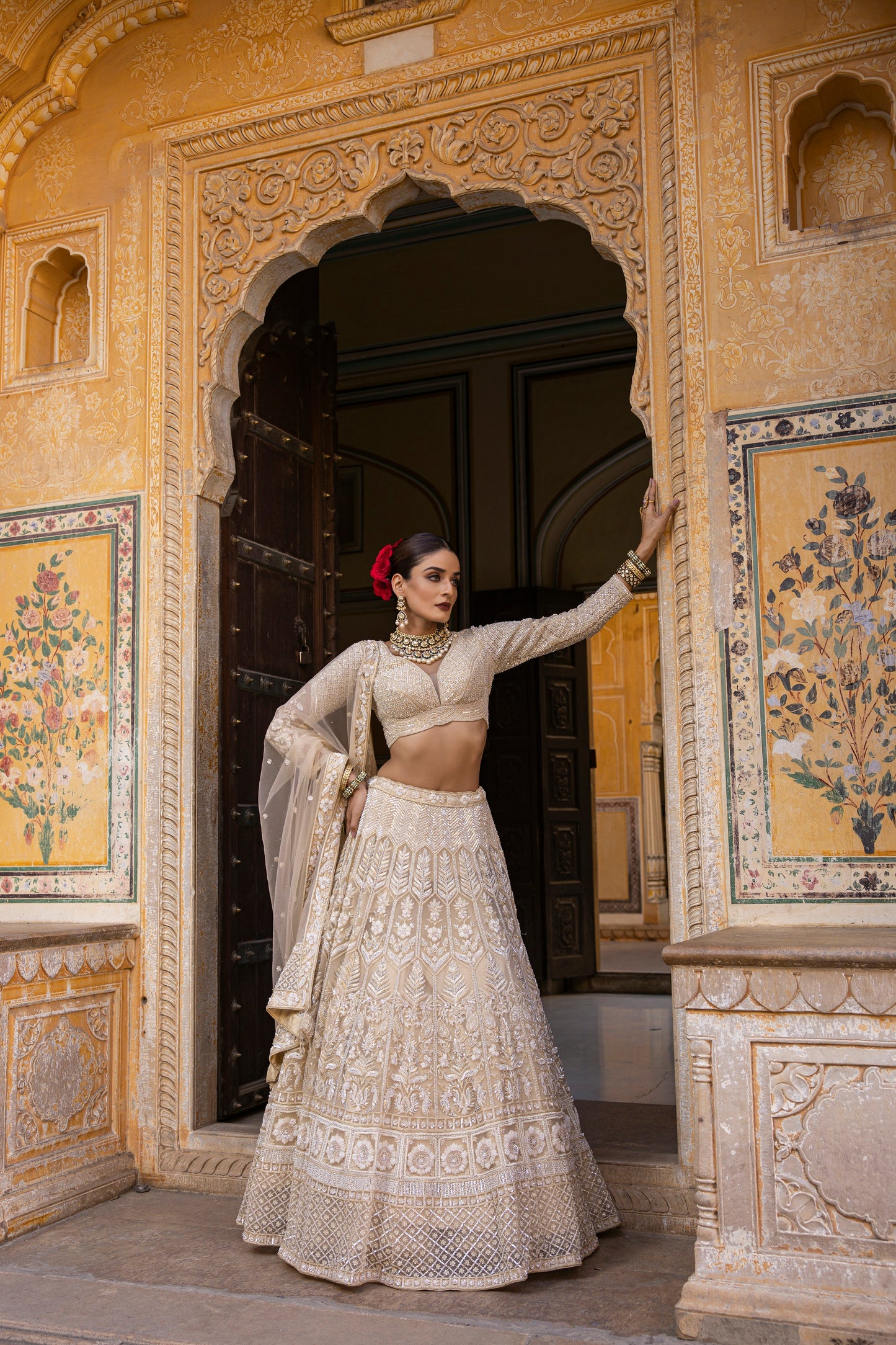Beige Stone, Resham, And Sequin Work Lehenga With Blouse And Dupatta