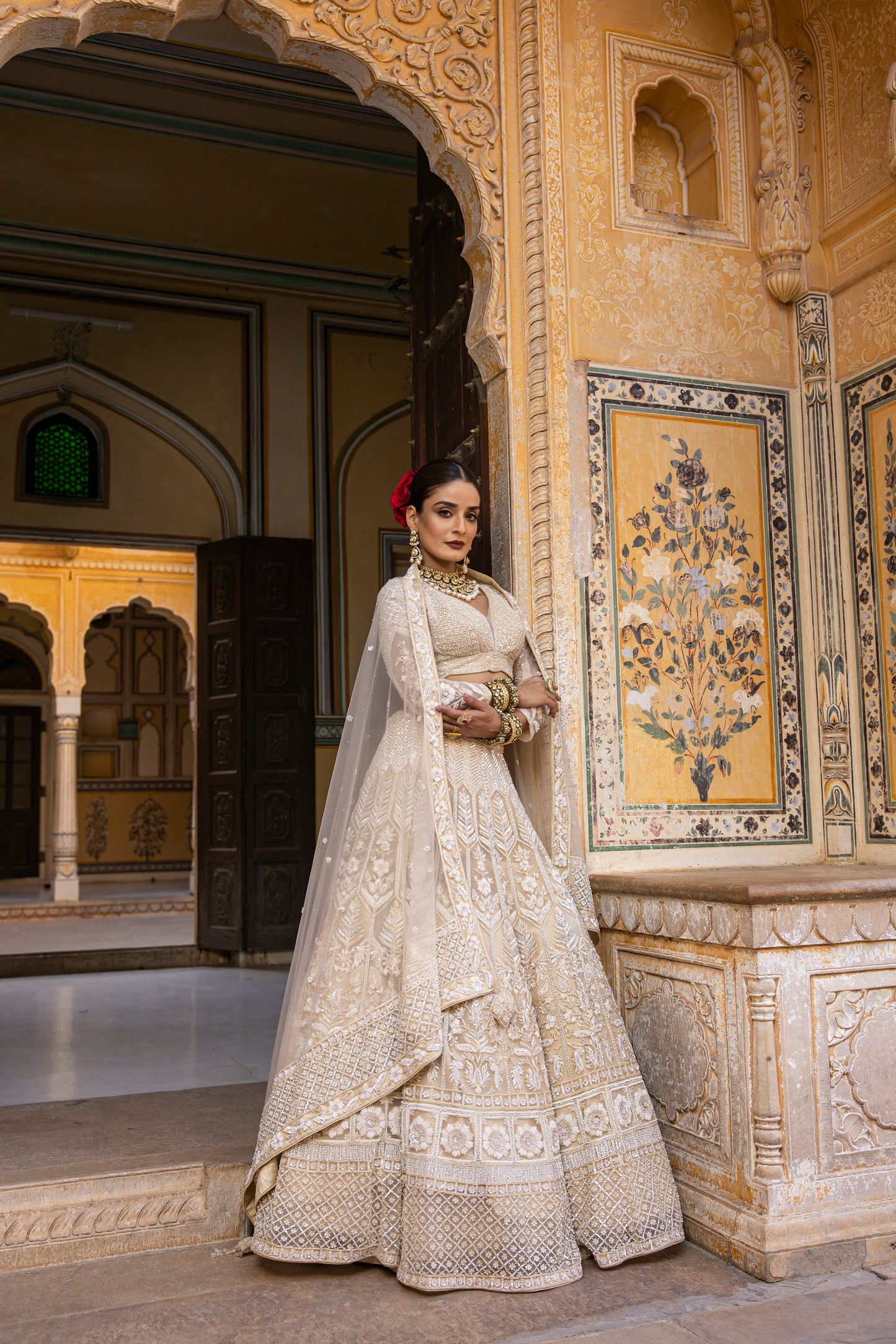 Beige Stone, Resham, And Sequin Work Lehenga With Blouse And Dupatta