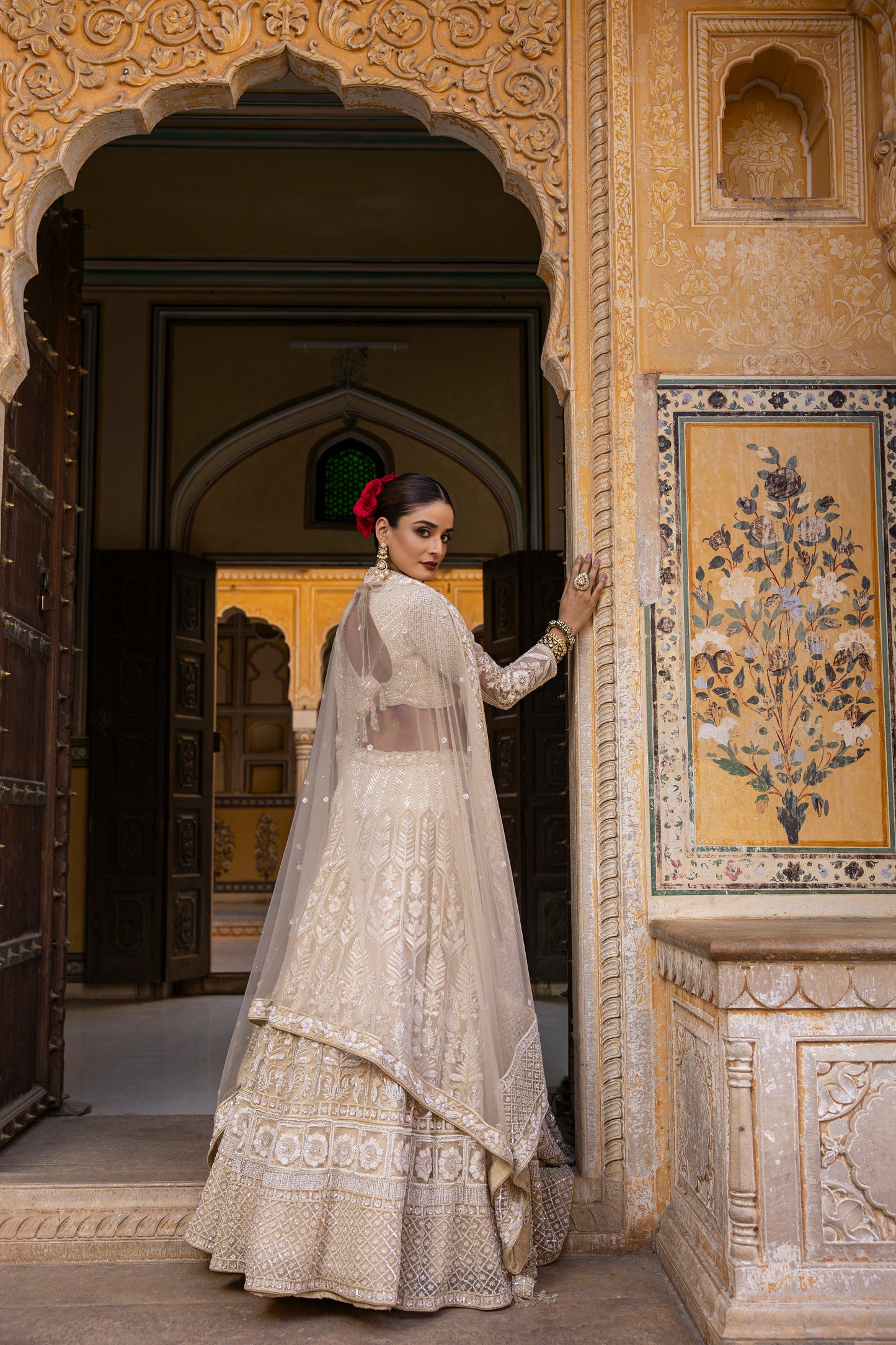 Beige Stone, Resham, And Sequin Work Lehenga With Blouse And Dupatta