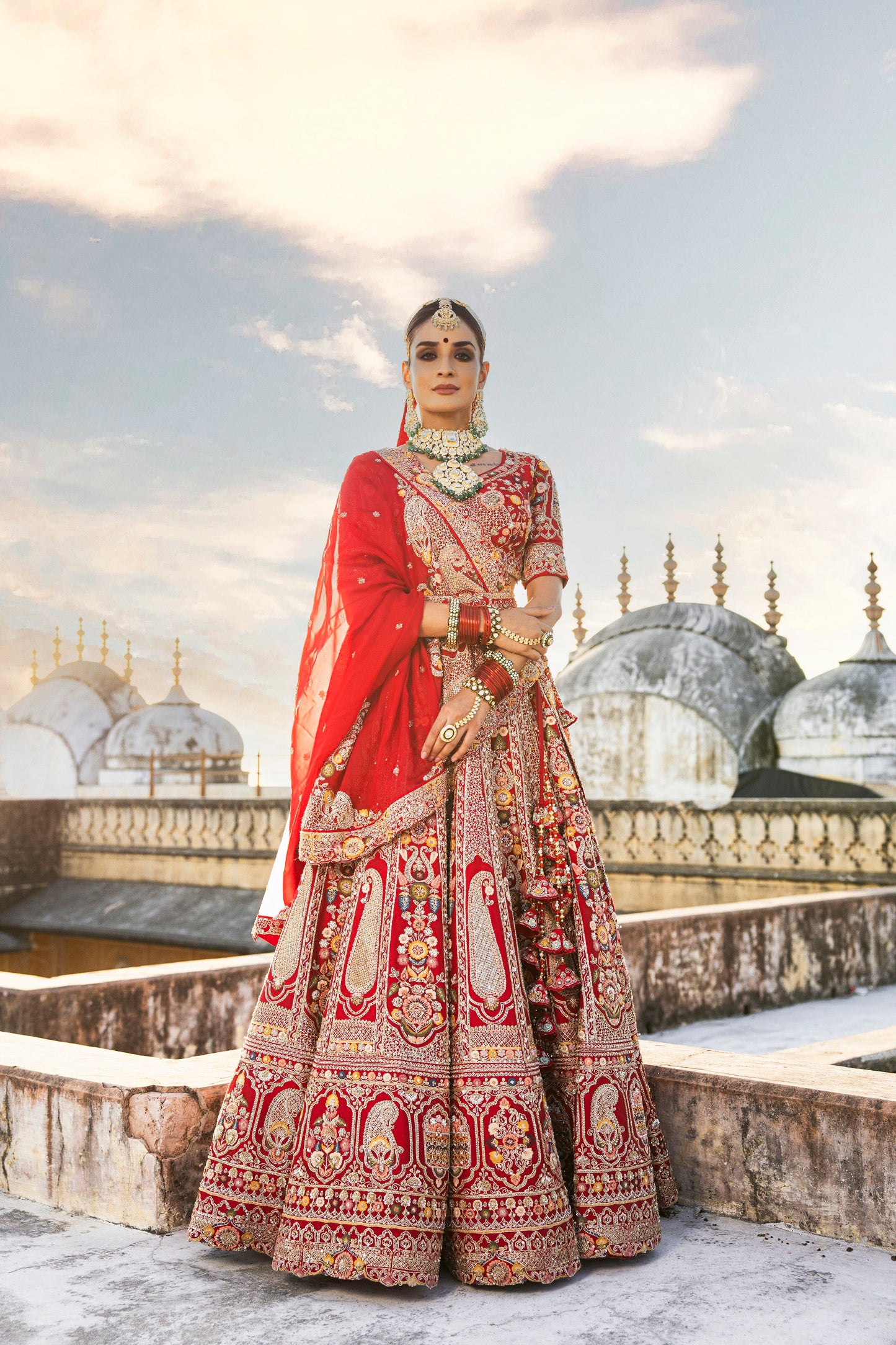 Scarlet Red Royal Heritage Lehenga In Floral And Mugal Motifs With Blouse And Dupatta