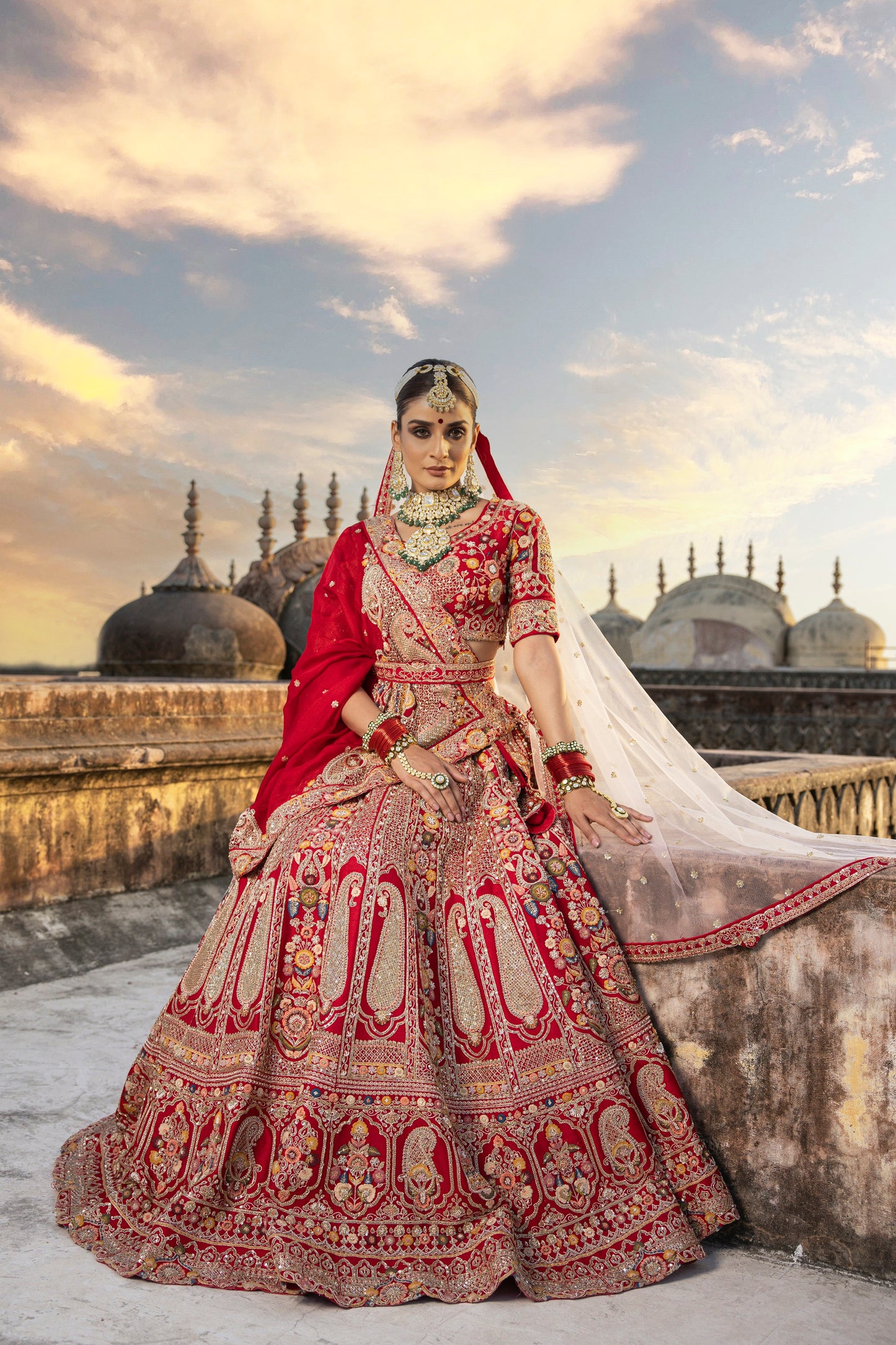 Scarlet Red Royal Heritage Lehenga In Floral And Mugal Motifs With Blouse And Dupatta