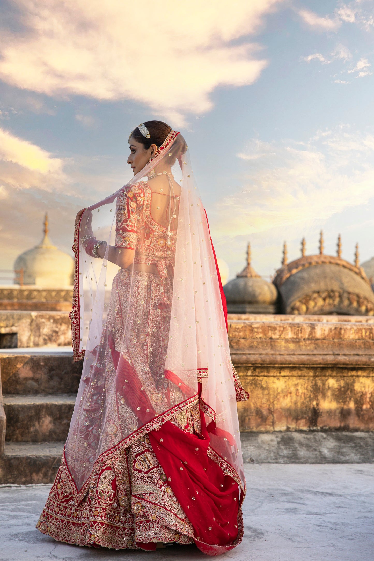 Scarlet Red Royal Heritage Lehenga In Floral And Mugal Motifs With Blouse And Dupatta