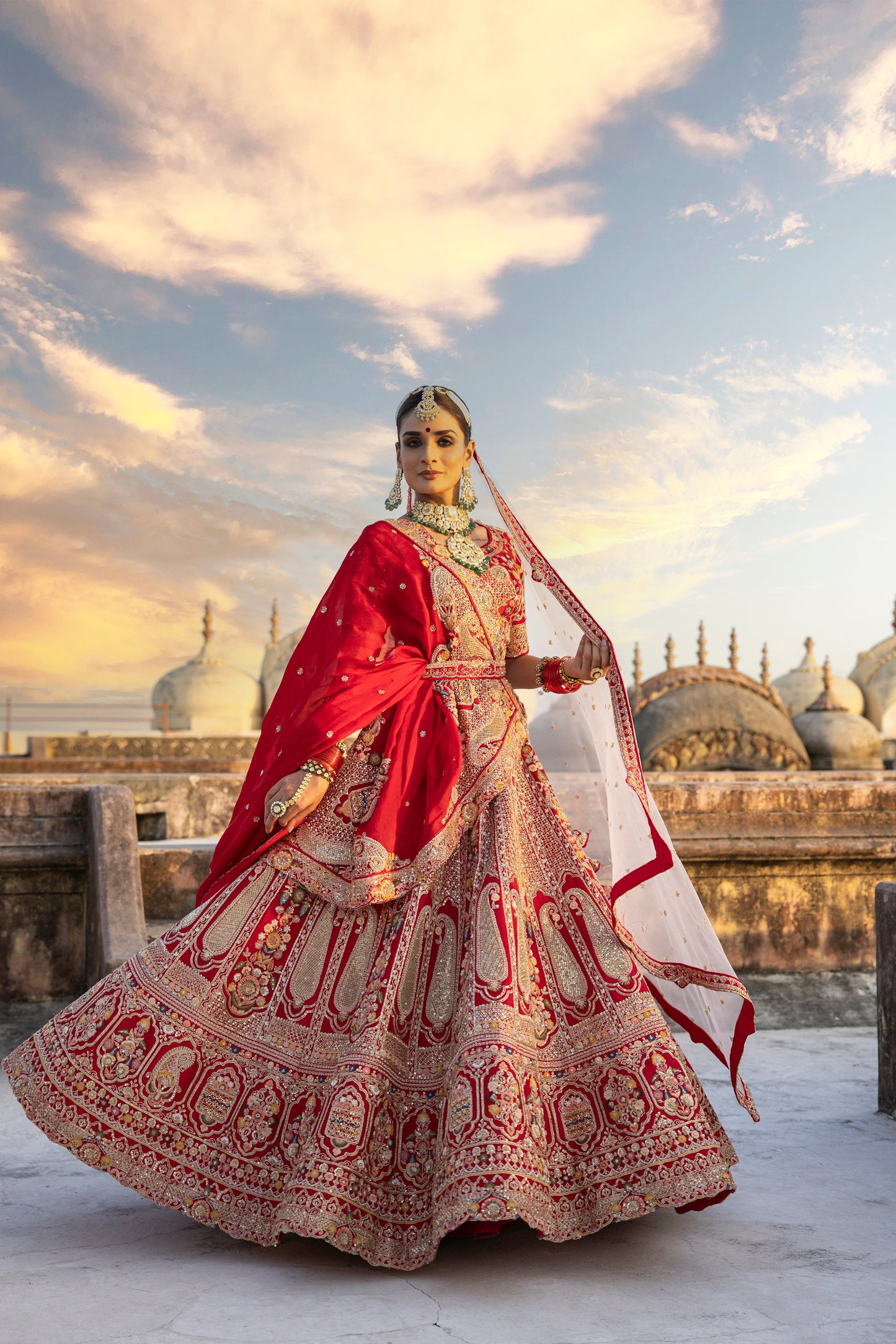 Scarlet Red Royal Heritage Lehenga In Floral And Mugal Motifs With Blouse And Dupatta