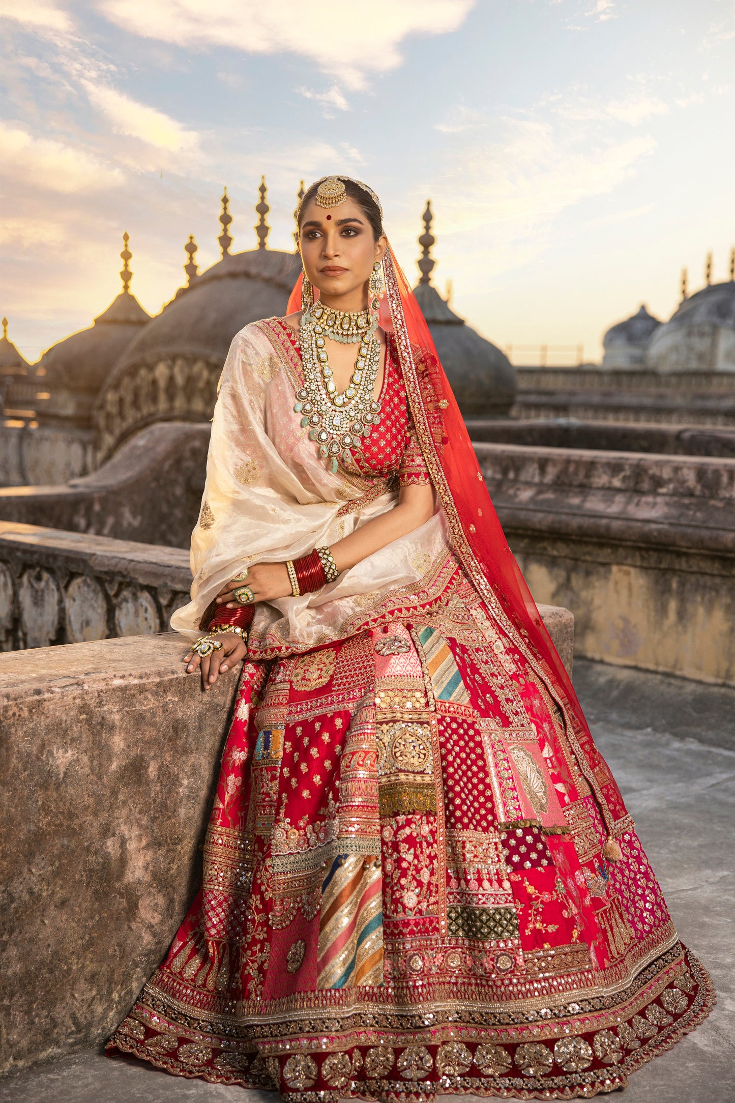 Raw Silk Multi Patchwork Bridal lehenga With Choli And Dupatta