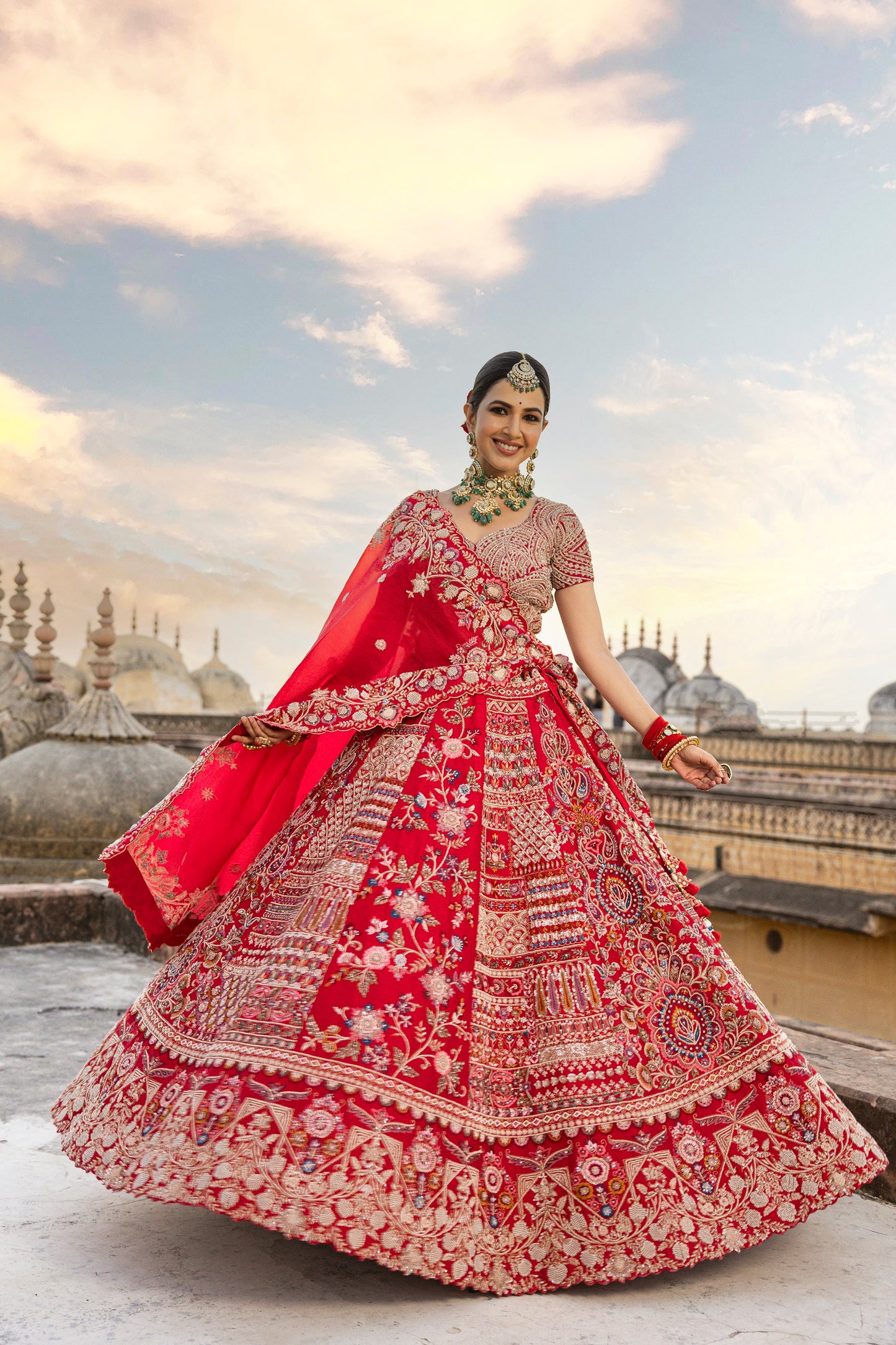 Candy Red Lehenga Choli Set In Raw Silk With Resham, Zari, Zardozi And Sequin Work