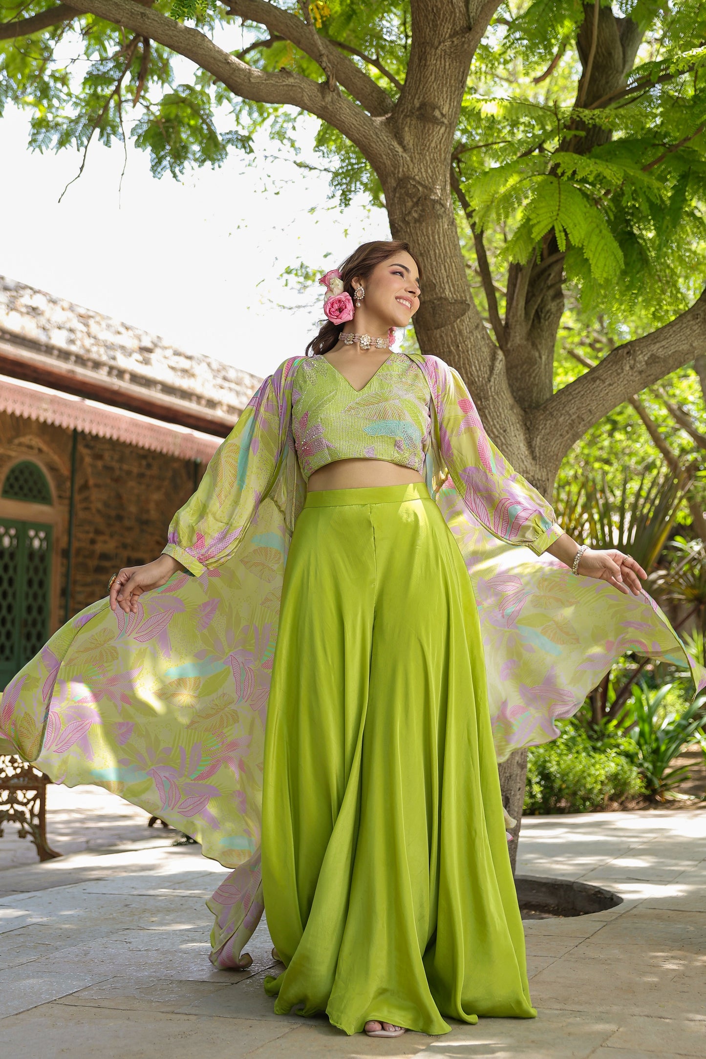 Lime Green Palazzo With Embellished Crop Top And Shrug