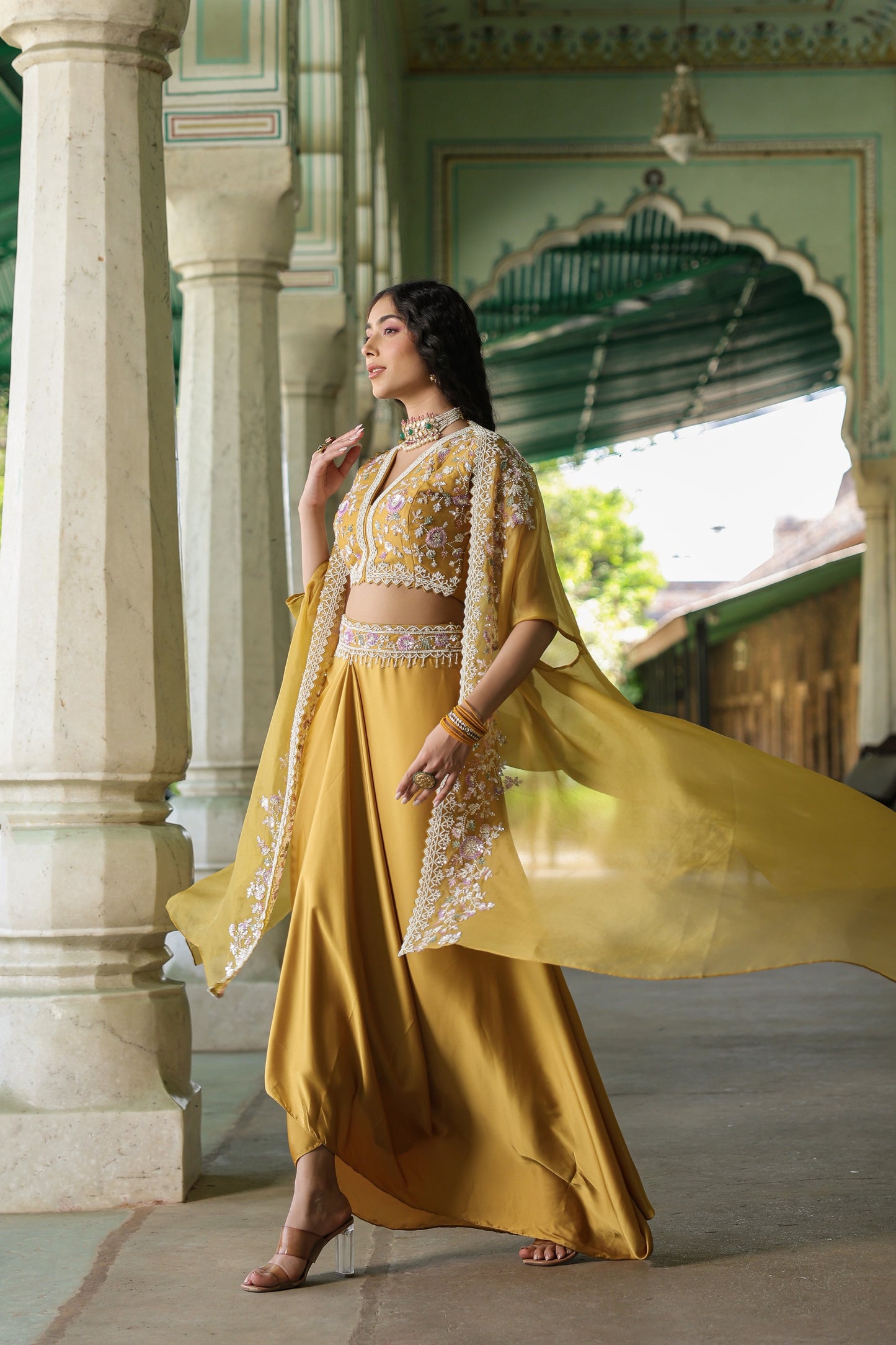 Mustard Yellow Embellished Premium Chinnon Silk Crop Top-Skirt Set