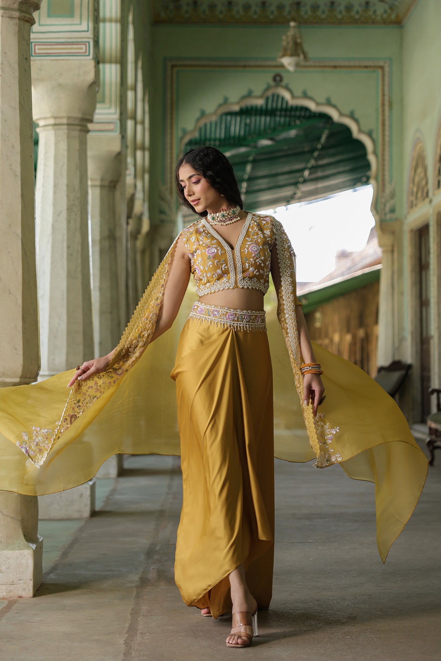 Mustard Yellow Embellished Premium Chinnon Silk Crop Top-Skirt Set