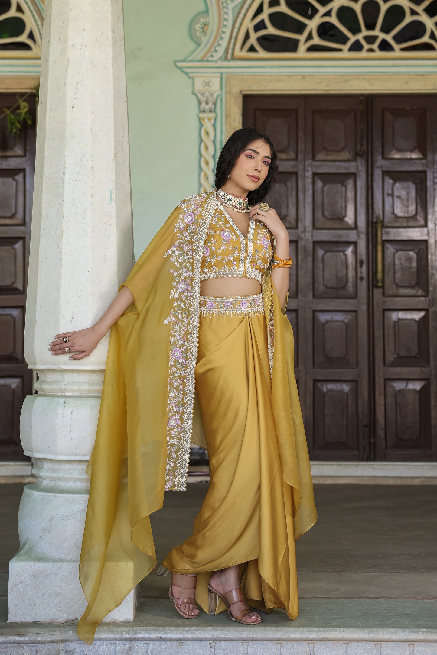 Mustard Yellow Embellished Premium Chinnon Silk Crop Top-Skirt Set