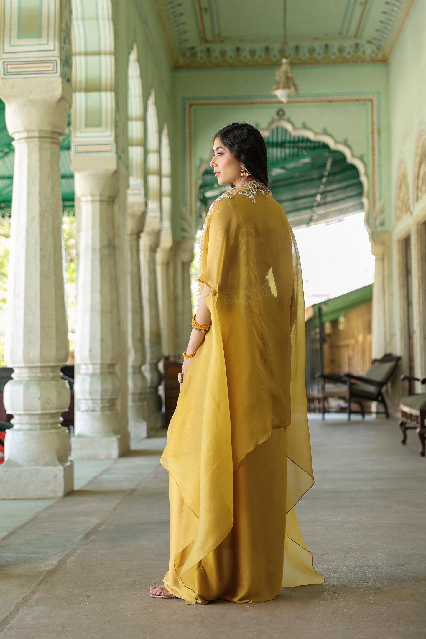 Mustard Yellow Embellished Premium Chinnon Silk Crop Top-Skirt Set