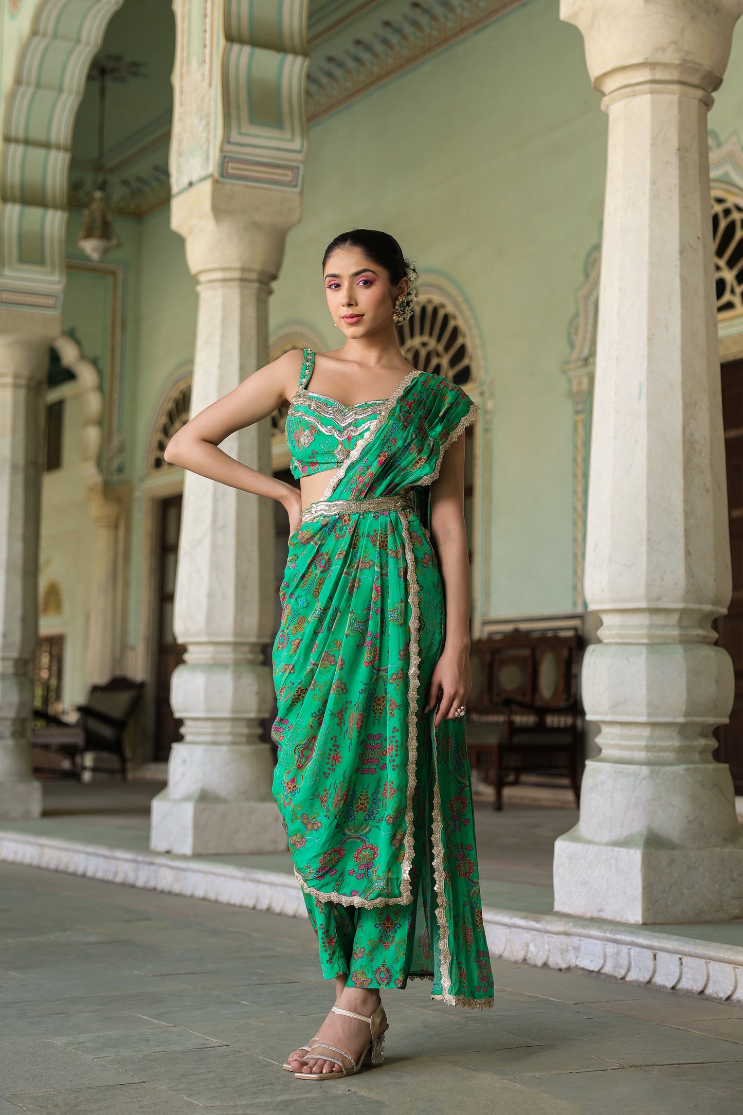 Forest Green Crape Silk Embellished Pant Set With Drape