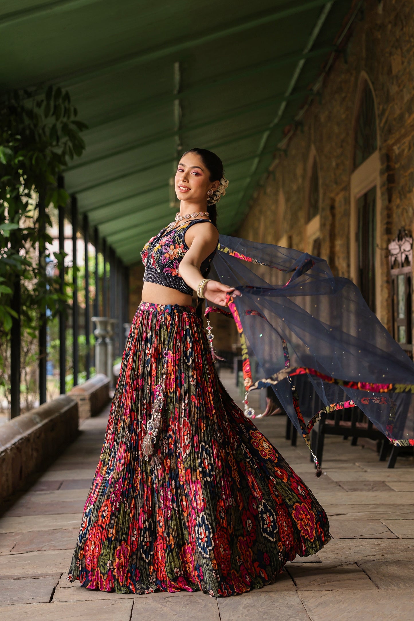 Prussian Blue Embellished Crop Top With Printed Skirt And Dupatta