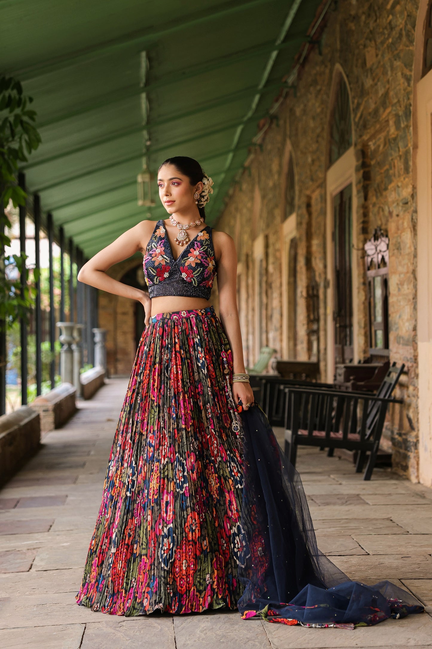 Prussian Blue Embellished Crop Top With Printed Skirt And Dupatta