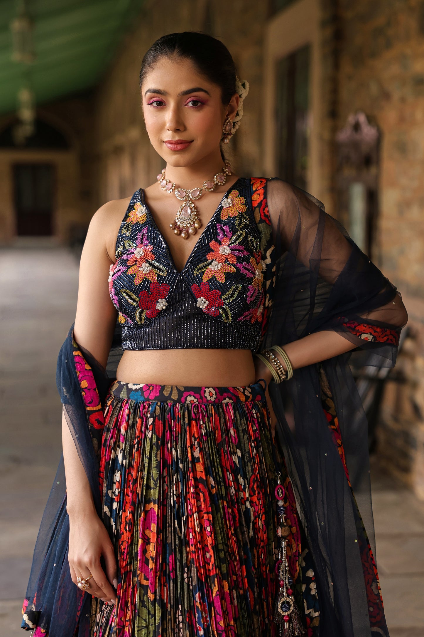 Prussian Blue Embellished Crop Top With Printed Skirt And Dupatta