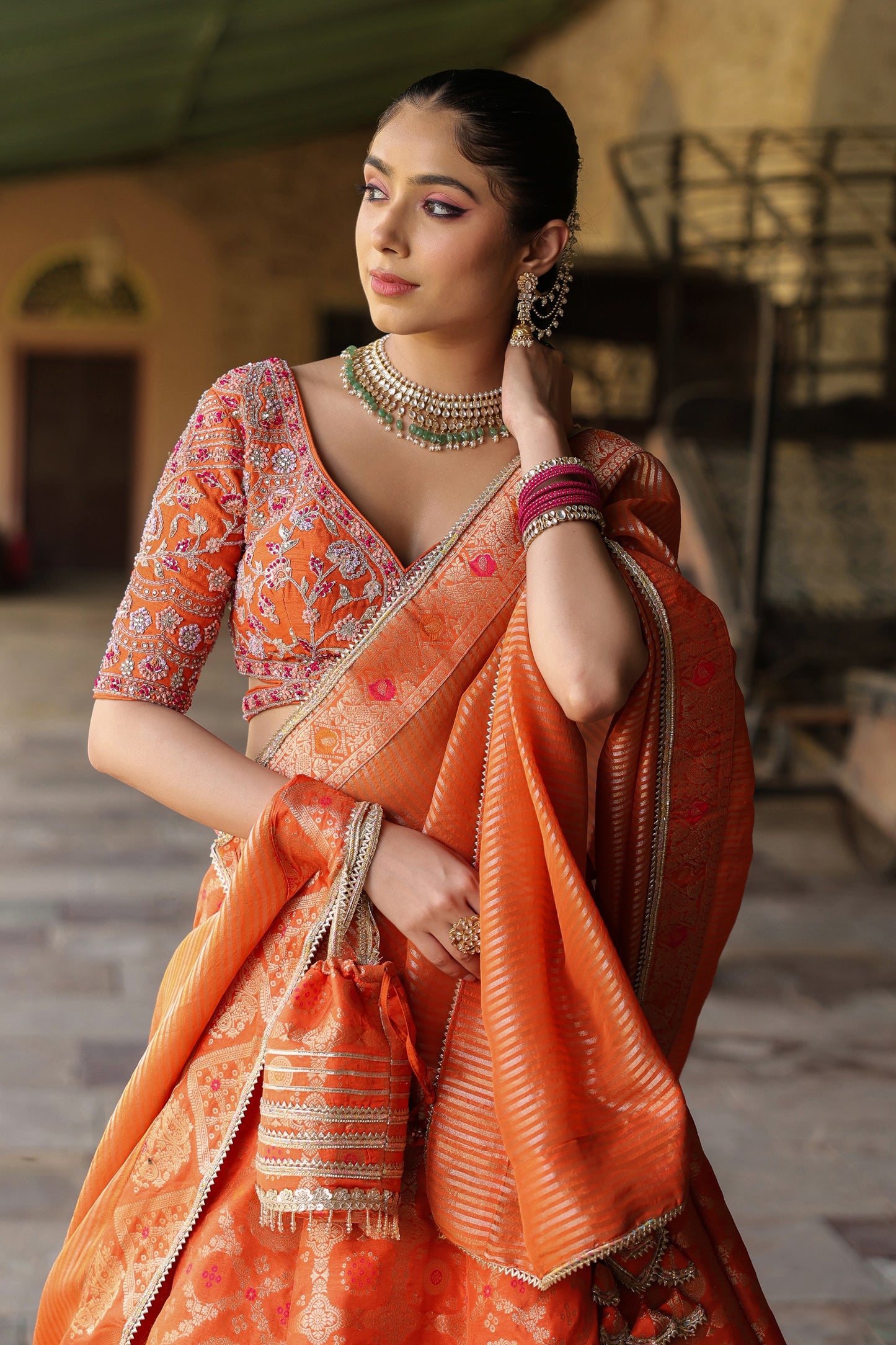 Fire Orange Raw Silk Embellished Crop Top And Skirt With Dupatta