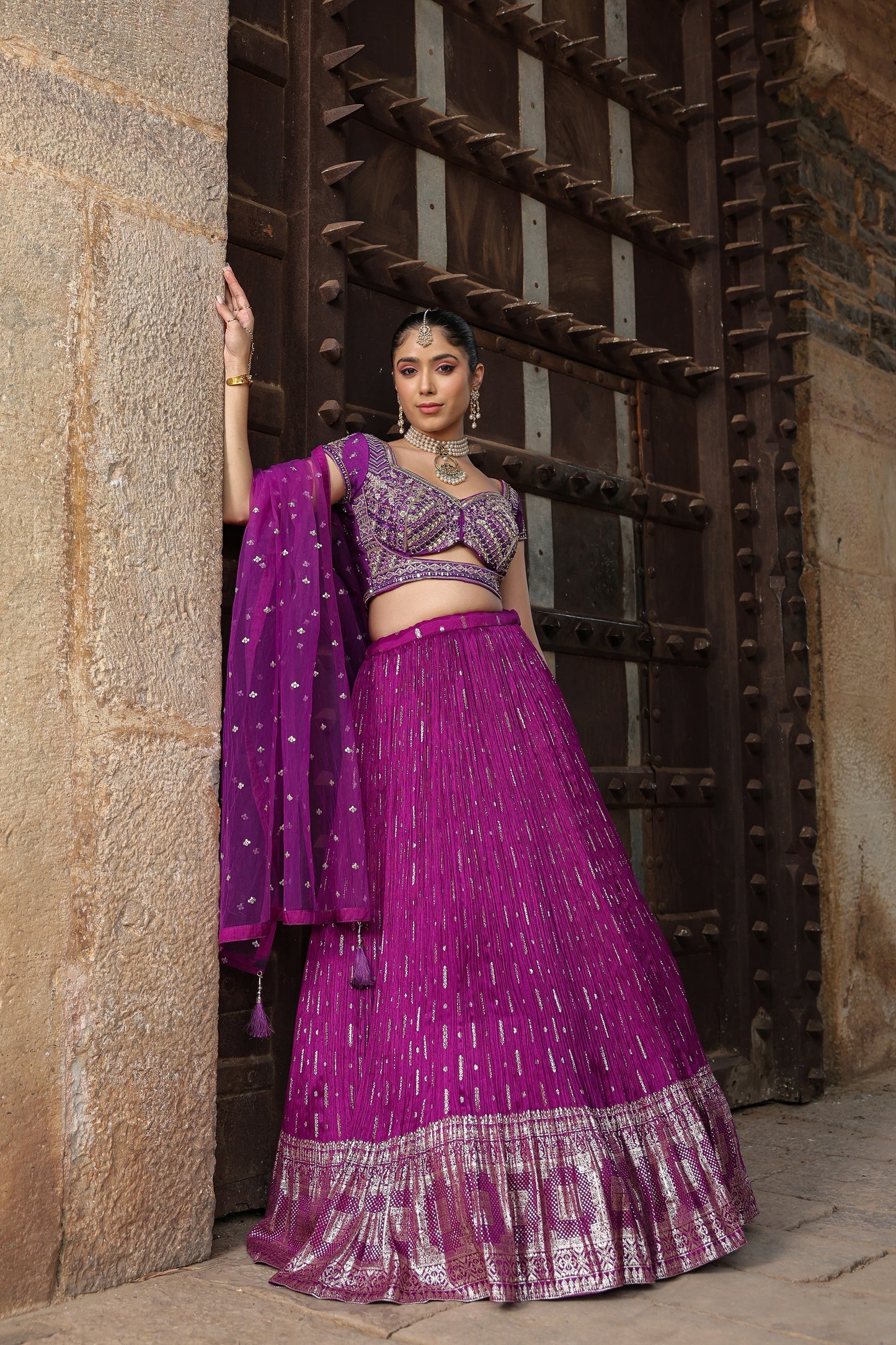 Violet Raw Silk Crop Top With Zari Woven Skirt And Dupatta