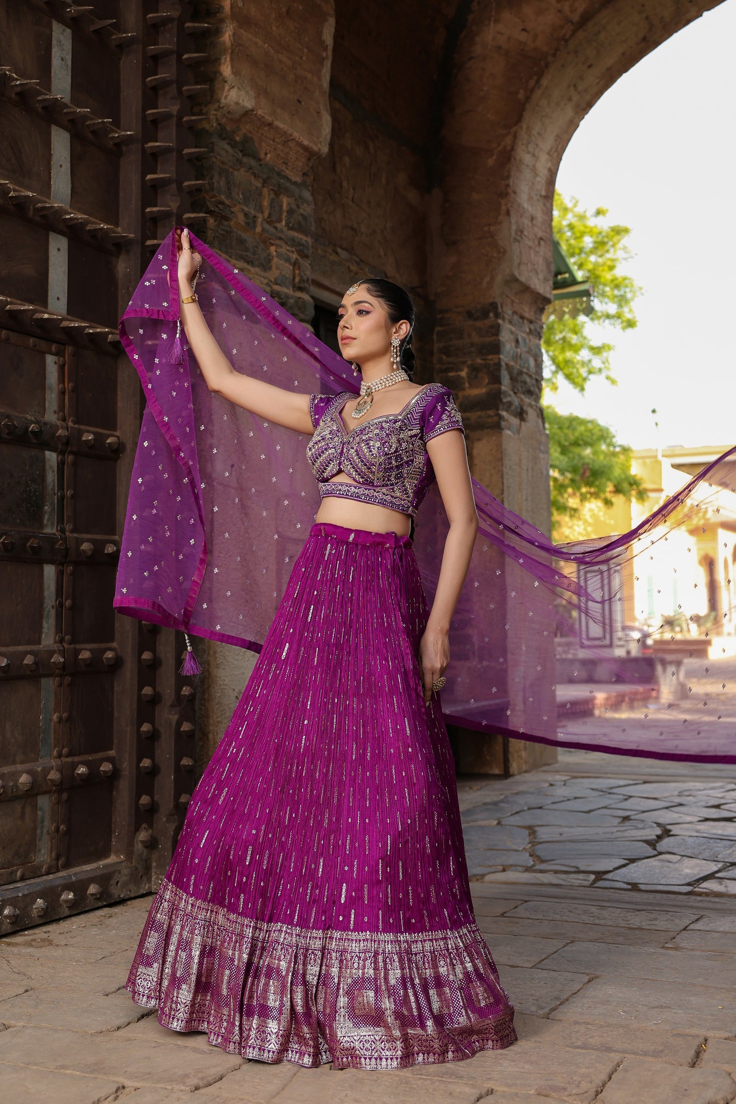 Violet Raw Silk Crop Top With Zari Woven Skirt And Dupatta