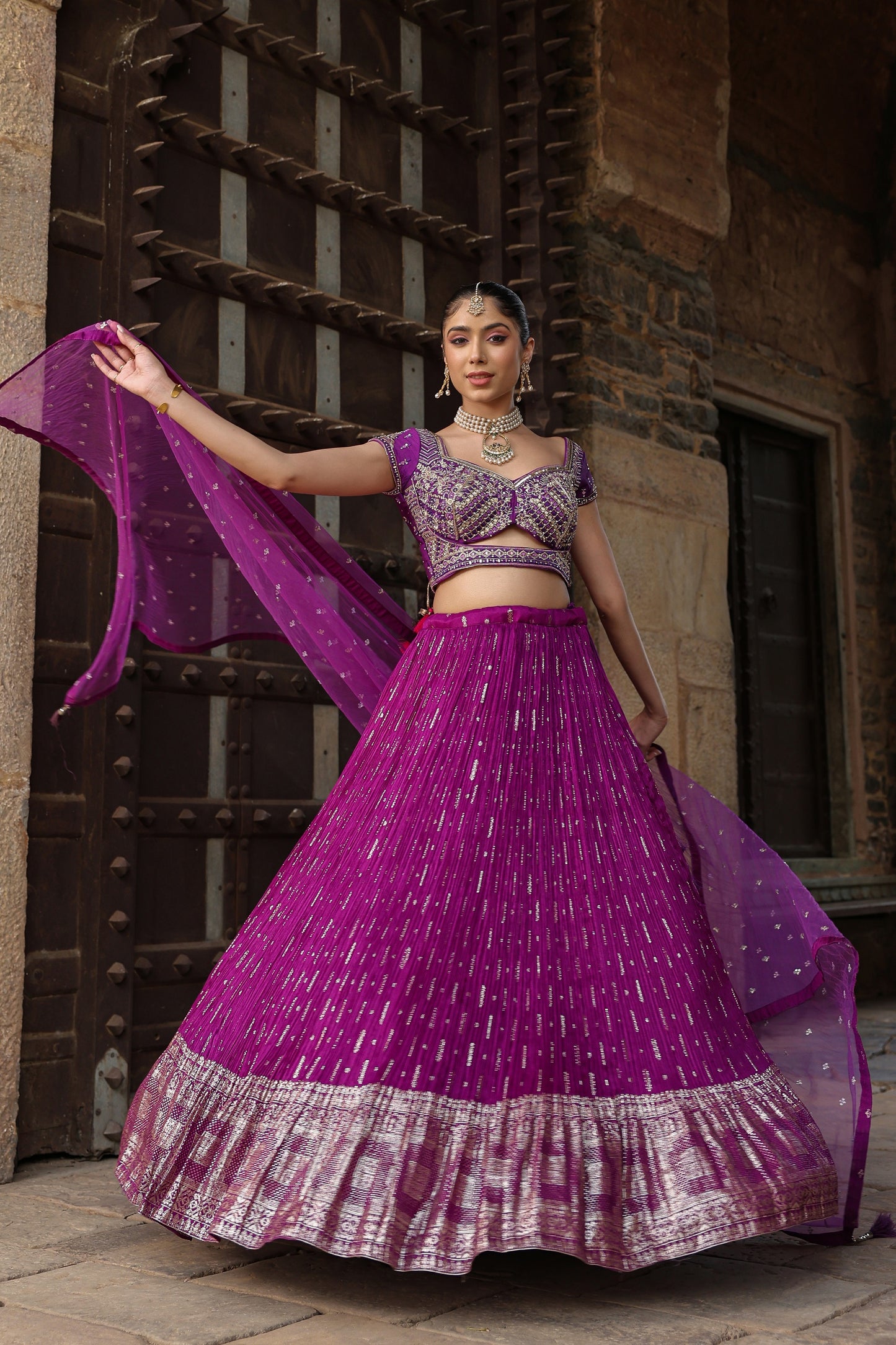 Violet Raw Silk Crop Top With Zari Woven Skirt And Dupatta