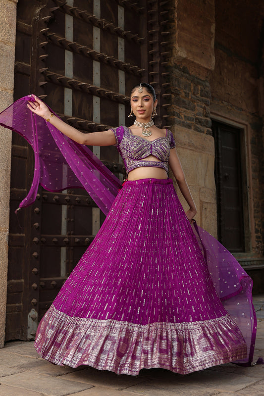 Violet Raw Silk Crop Top With Zari Woven Skirt And Dupatta