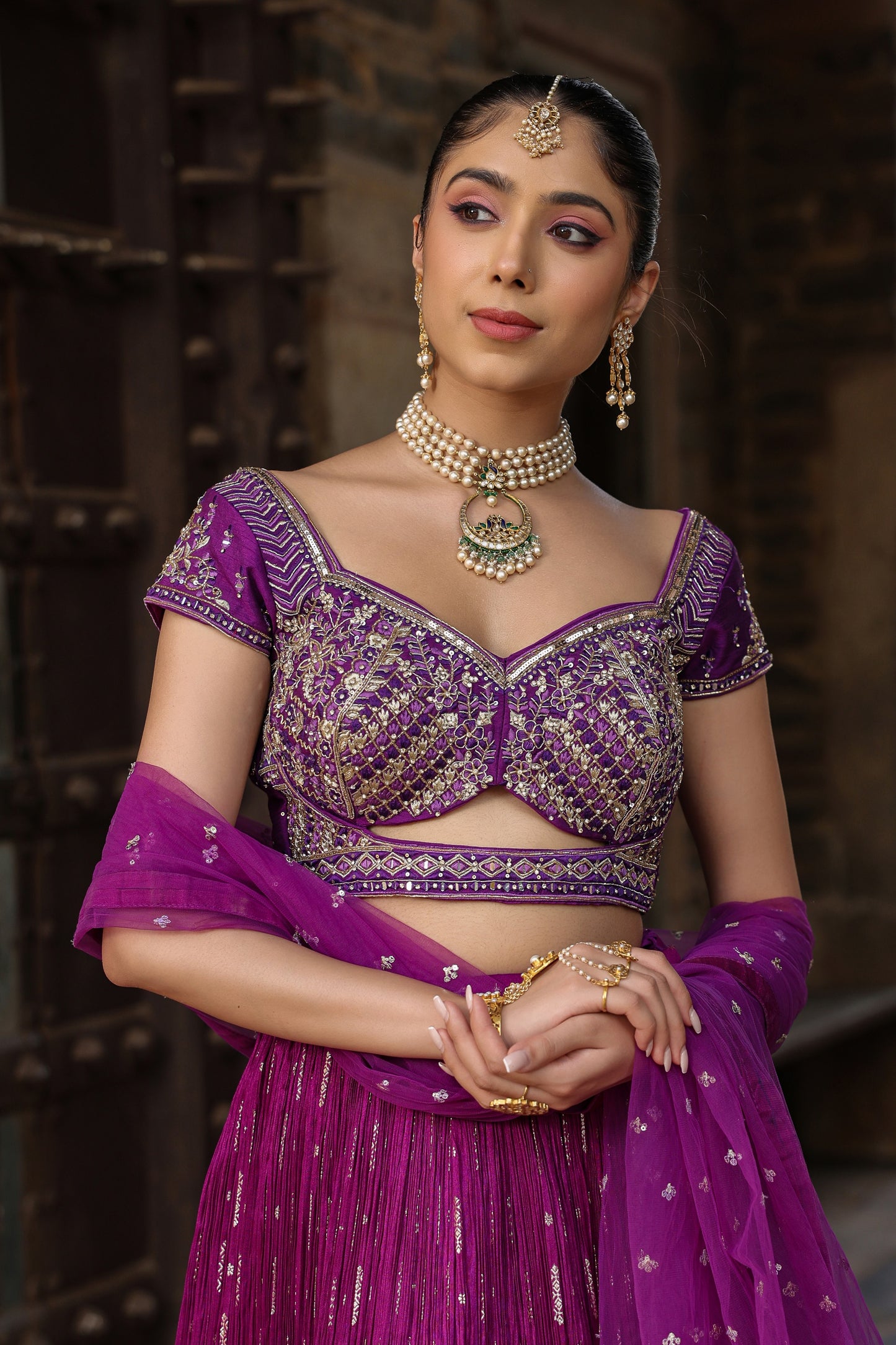 Violet Raw Silk Crop Top With Zari Woven Skirt And Dupatta