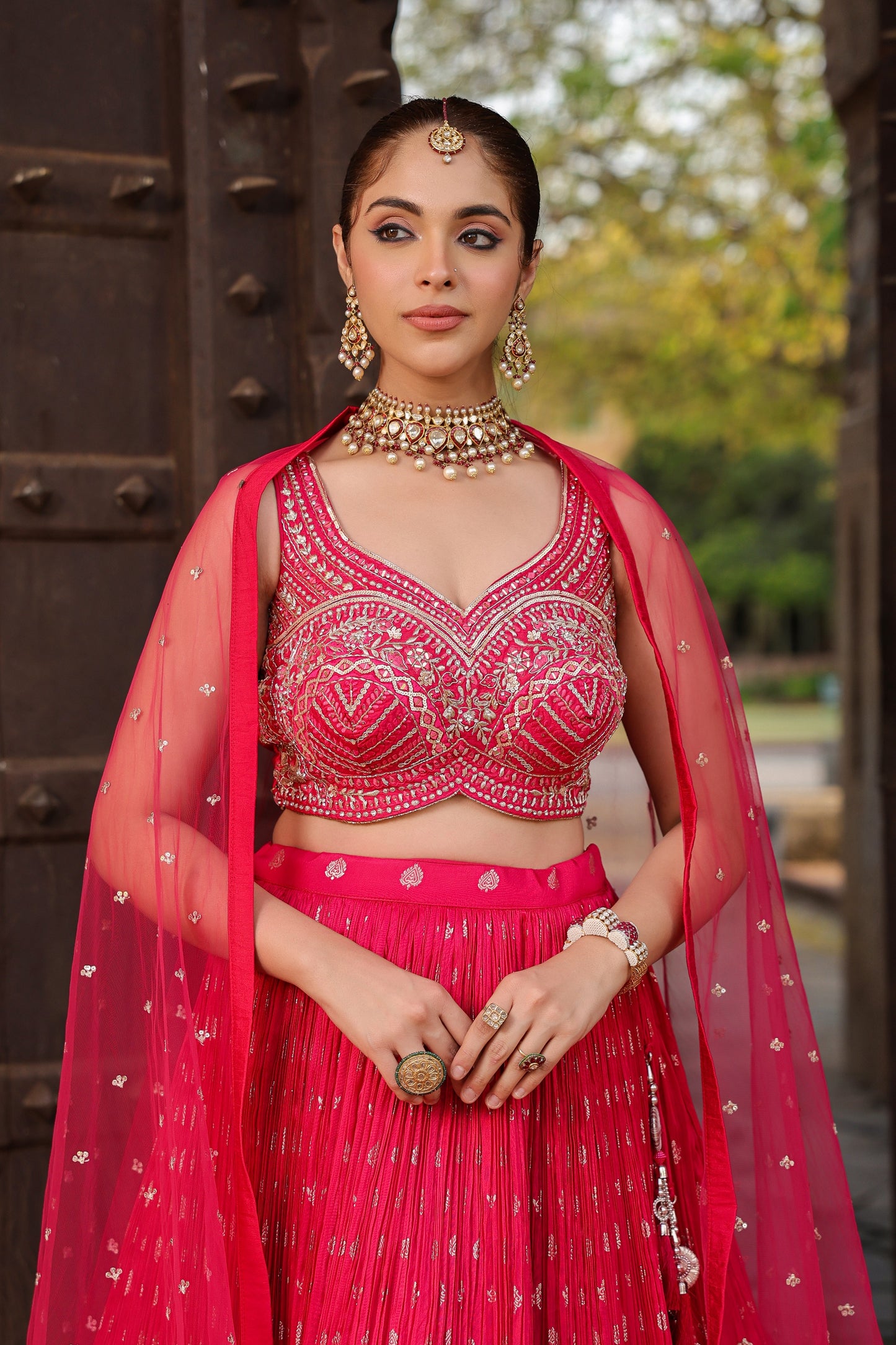 Magenta Pink Embellished Crop Top With Zari Woven Skirt And Dupatta