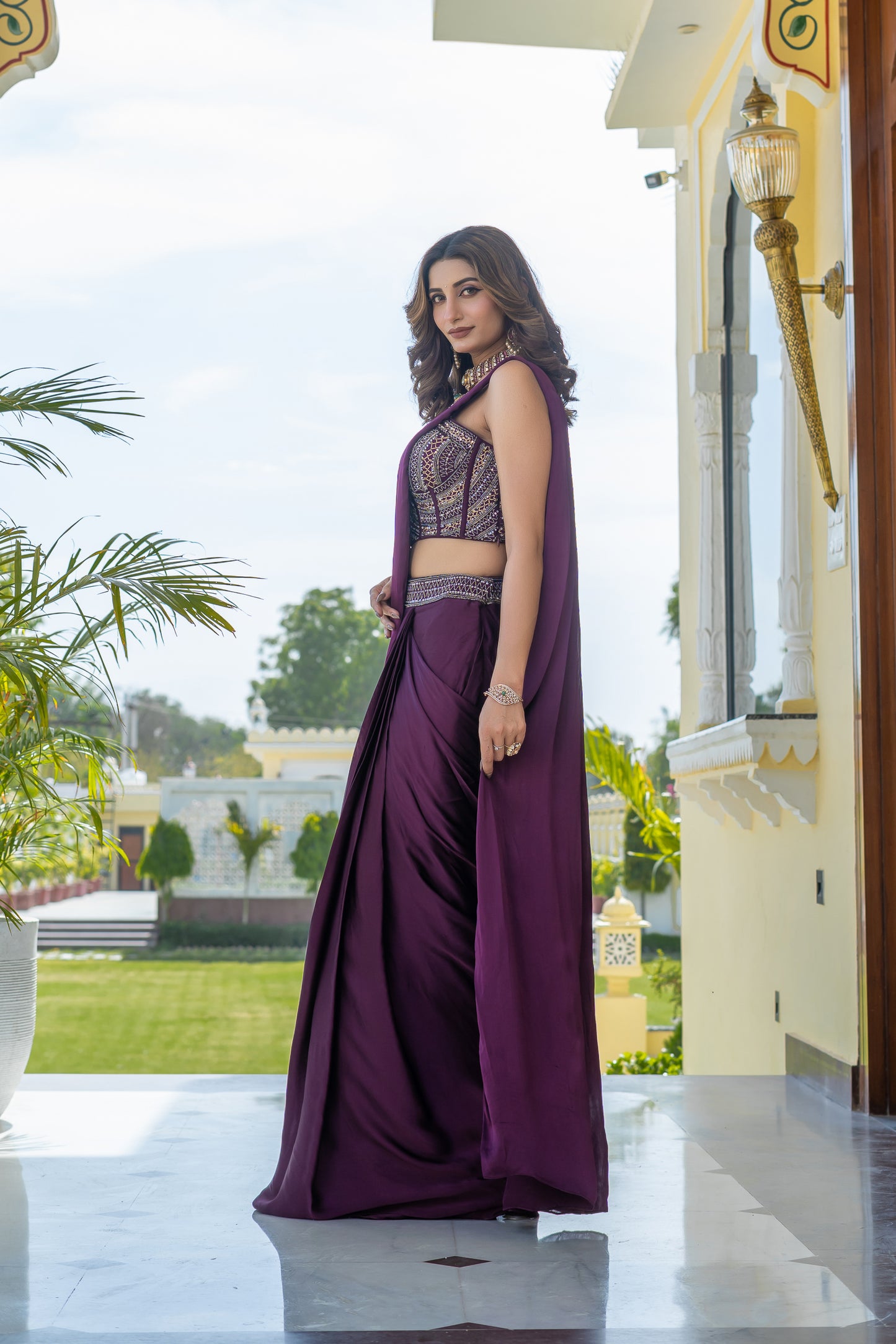 Purple Saree Set Embellished Bustier Blouse