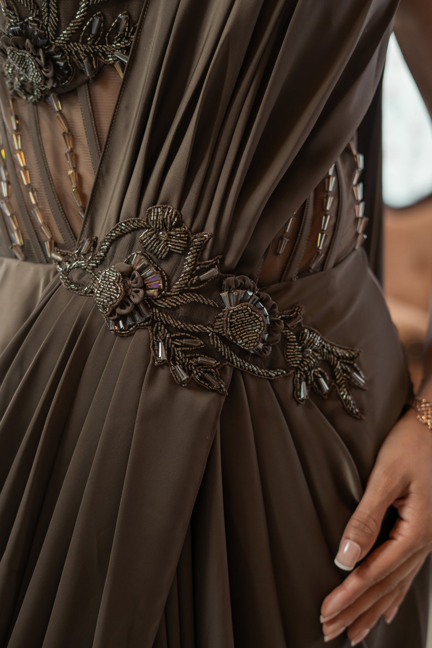 Brown Saree Gown Embellished Corset Bodice