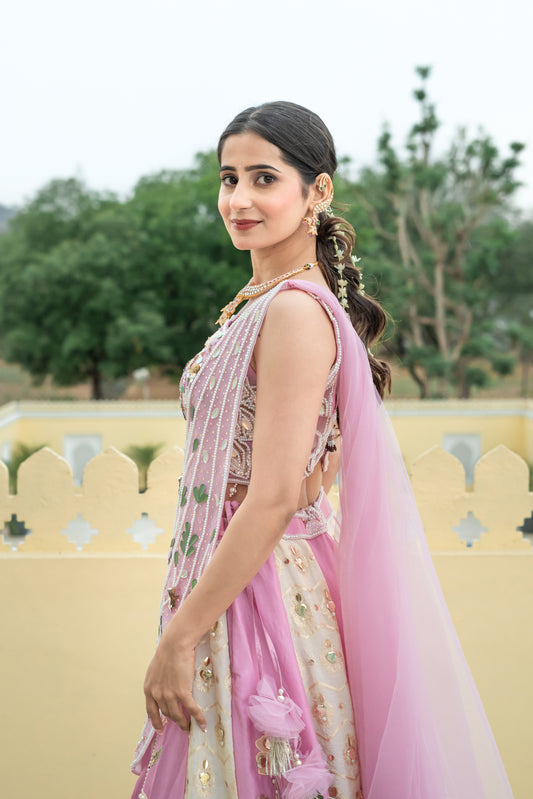 Pink Lehenga Set with Embellished Floral Details