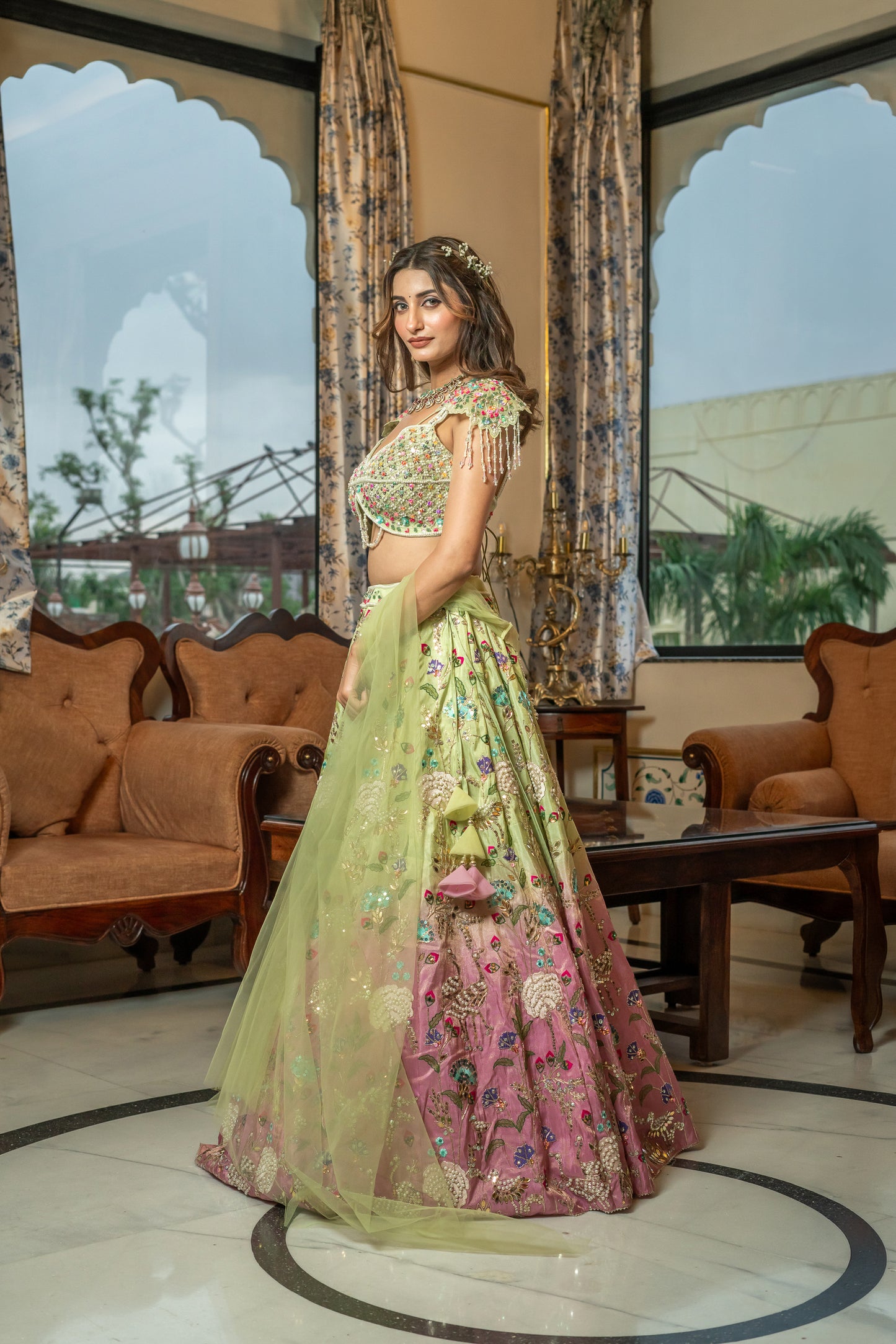 Lime Green and Pink Ombre Raw Silk Embroidered Lehenga Set