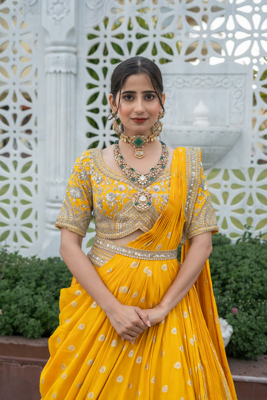 Amber Yellow Silk Embellished Draped Yellow Set