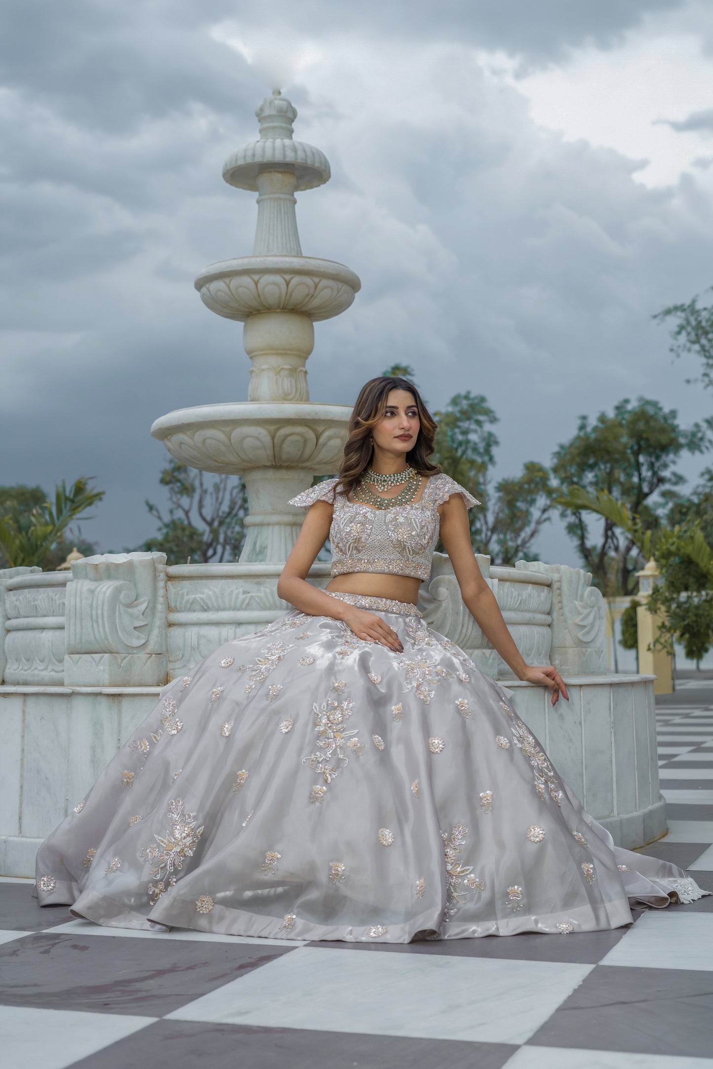 Taupe Hand-Embroidered Tissue Organza Lehenga Set