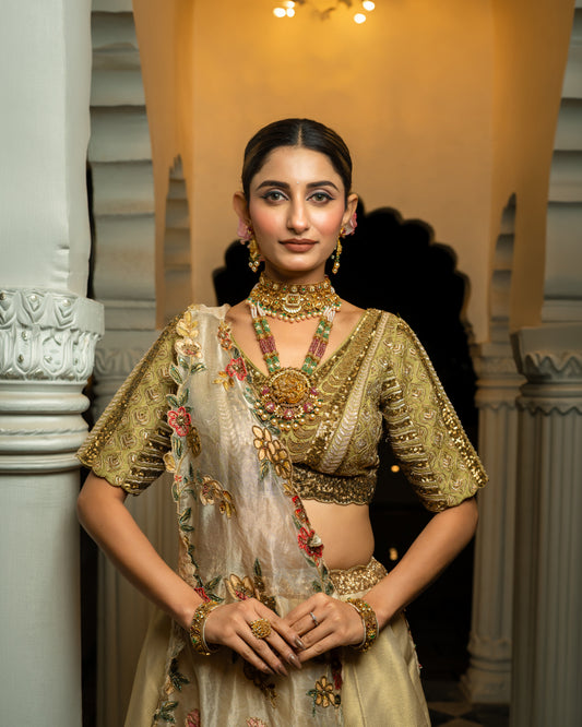 Royal Pichwai Art Hand-Embroidered Cream Silk Lehenga Set