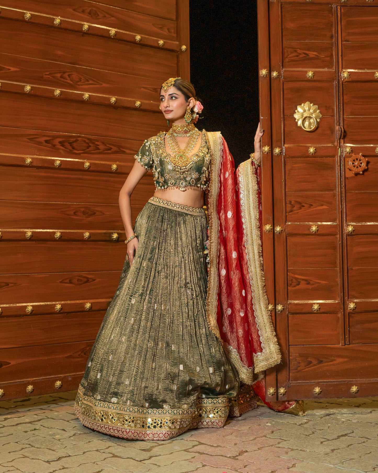Royal Olive & Coral Zari Tissue Silk Lehenga Set