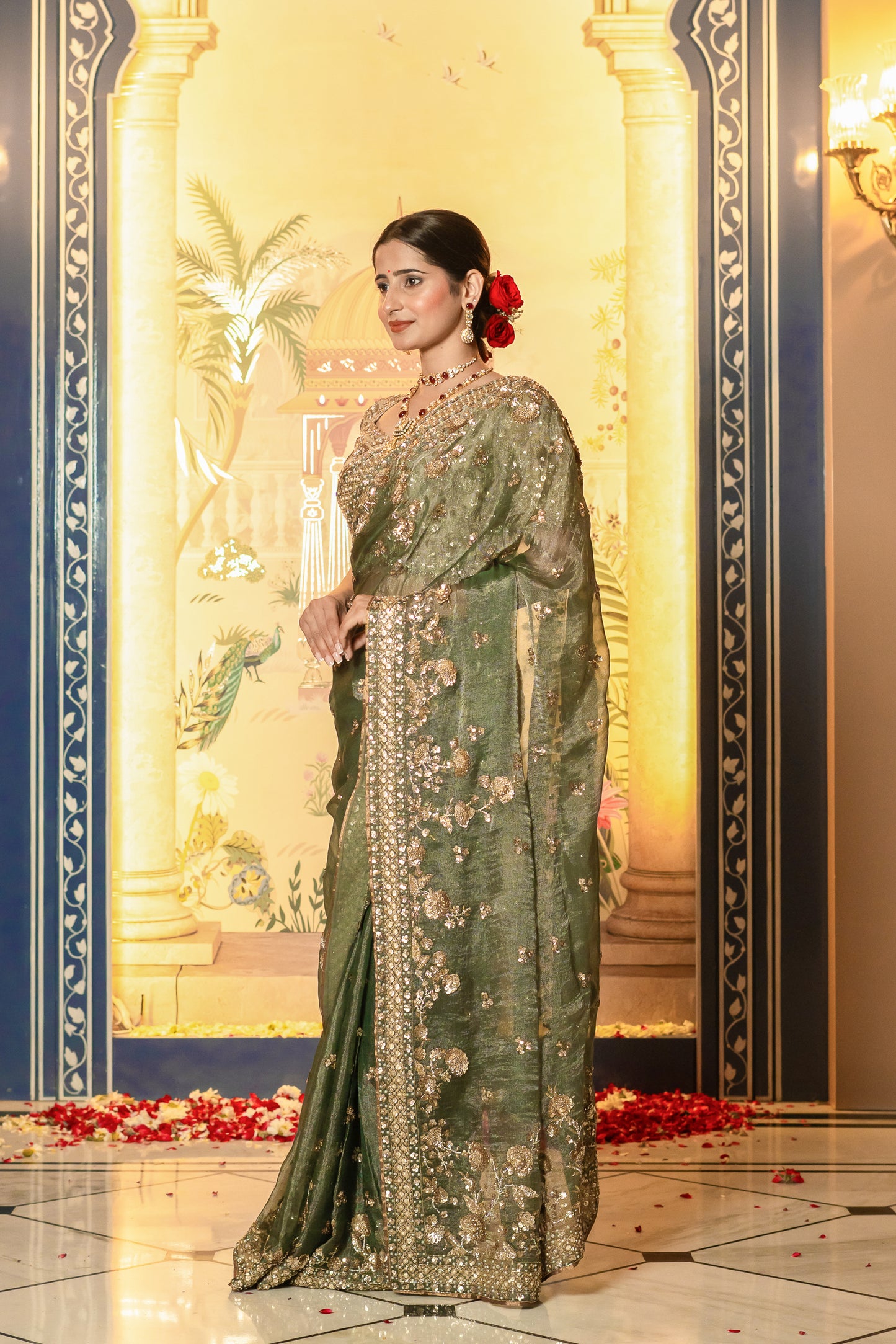 Olive Green Sequin Embellished Saree Set