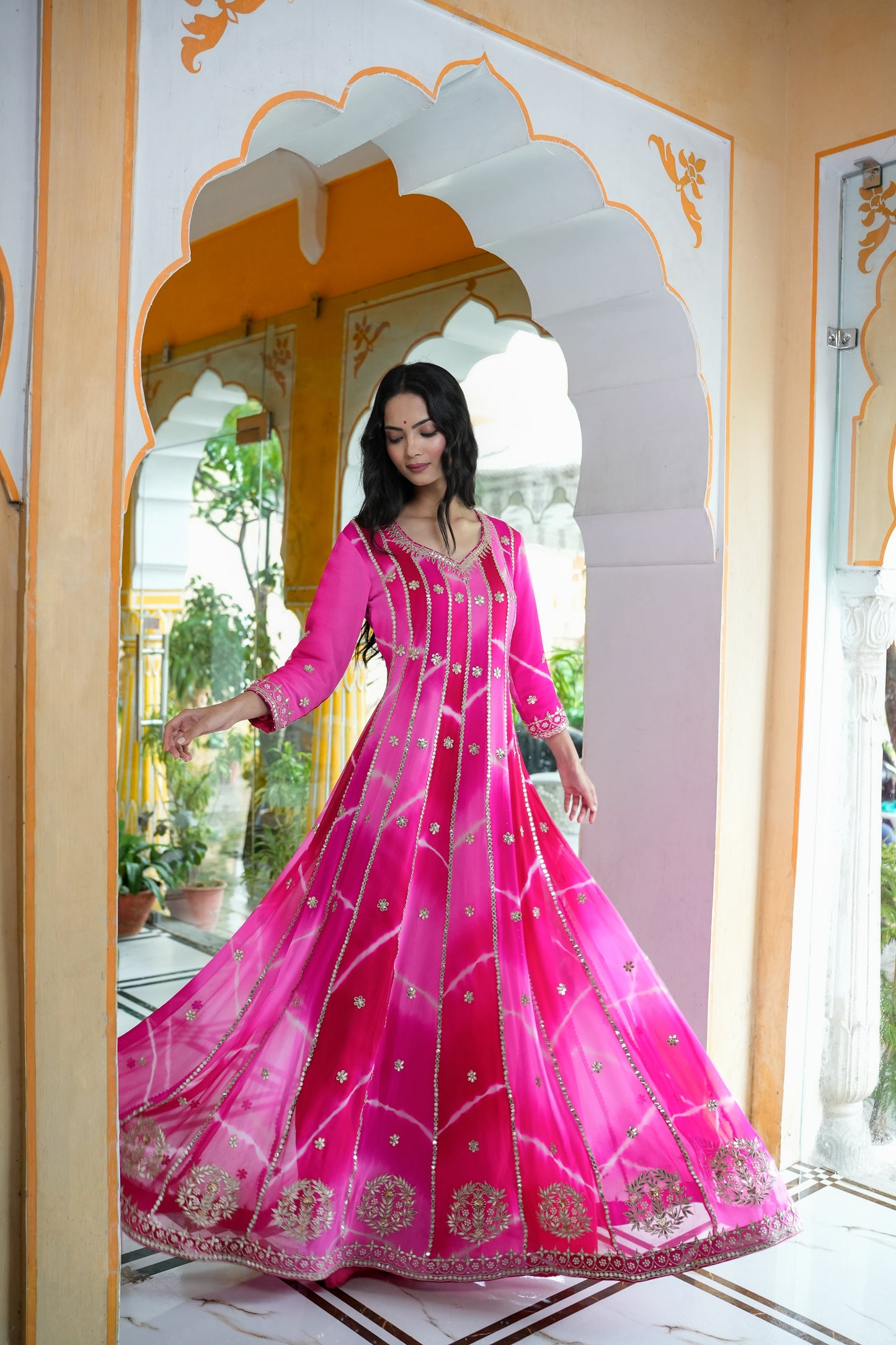 Pink-Shaded Laheriya Gown With Gotta Embellishment